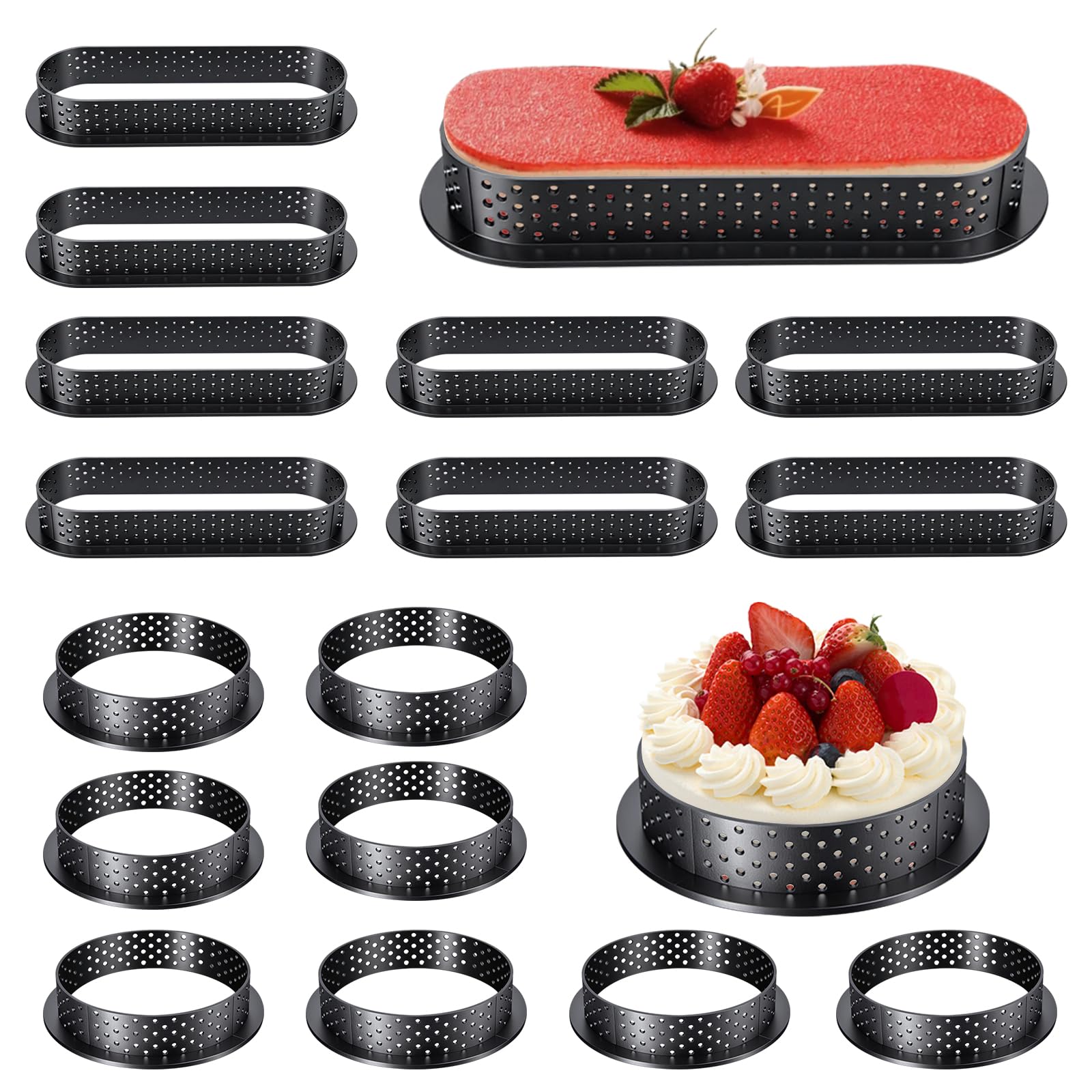 Cable Leader Juego de 16 moldes para tarta de mousse, con orificios de ventilación, ovalados (diámetro de 14,4 cm), redondos (8 cm de diámetro), pequeños moldes perforados para decoración de tartas