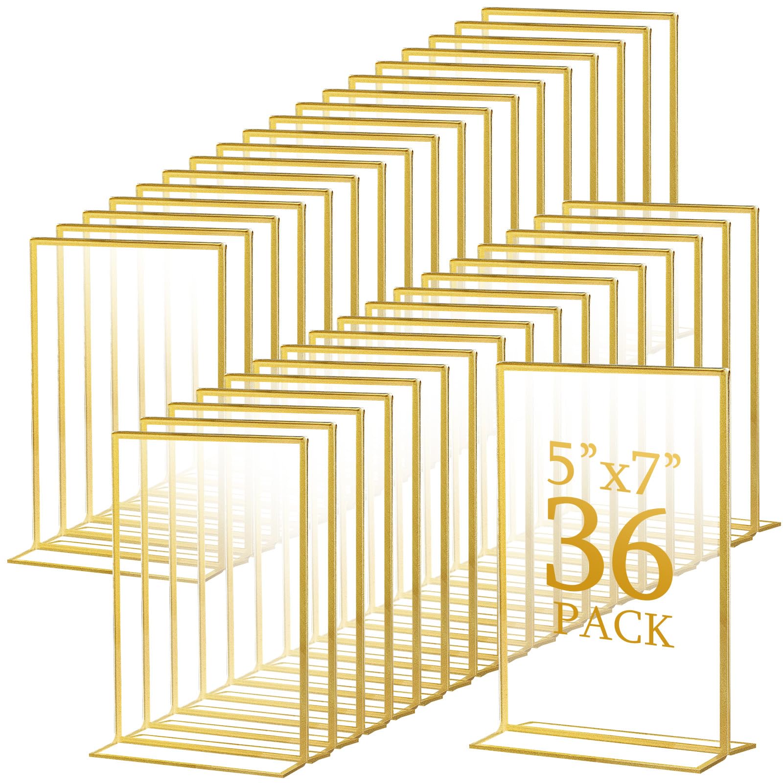 Photo 1 of Hoteam Gold Acrylic Sign Holders, Gold Picture Frames Clear Wedding Table Numbers Double Sided Acrylic Holders for Wedding Restaurant Table Number Photos Menu Cards Art(36 Pack,5 x 7 Inch)