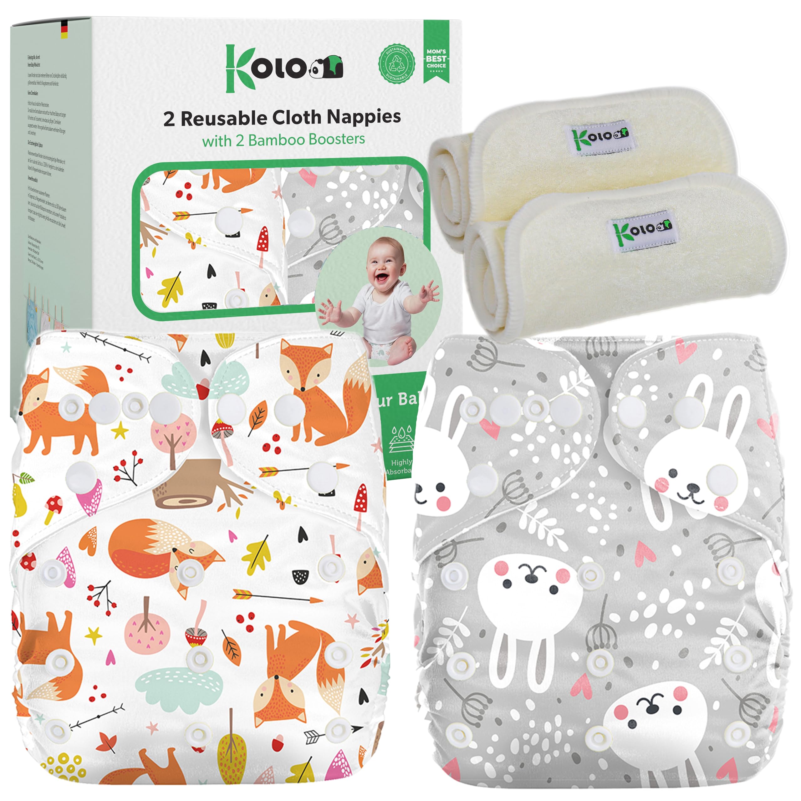 Kolo – 2 wiederverwendbare Windeln für Babys & Neugeborene + 2 Bambuseinlagen | Waschbare, einstellbare Stoffwindeln, unisex | 100 % umweltfreundlich | Design Foxes&Rabbits