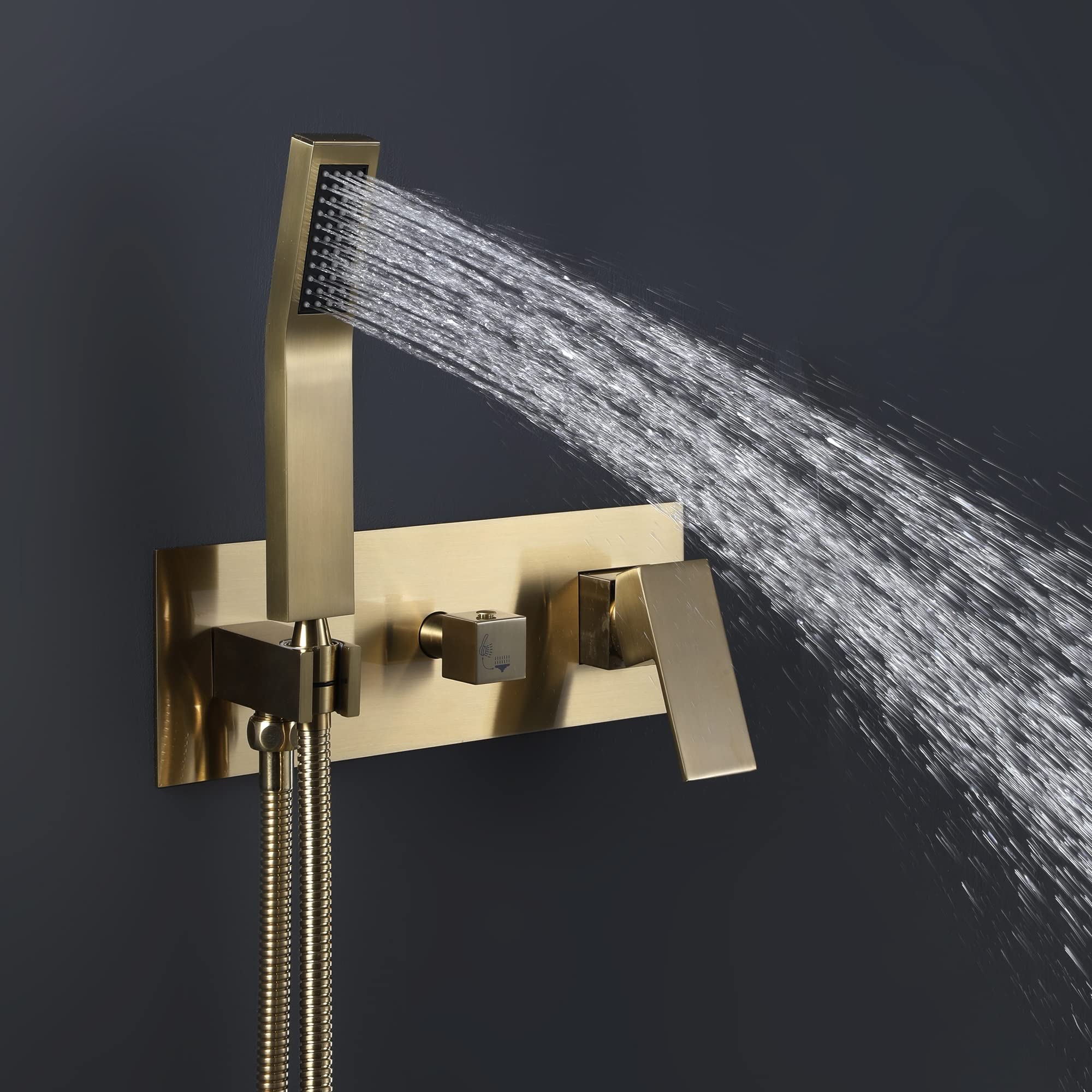 Grifo Mezclador baño con Ducha Lluvia y rociador Mano, Grifo Ducha Dos vías, Mezclador Lluvia Pared Oro Cepillado con Cabezal Ducha Lluvia 25 cm.