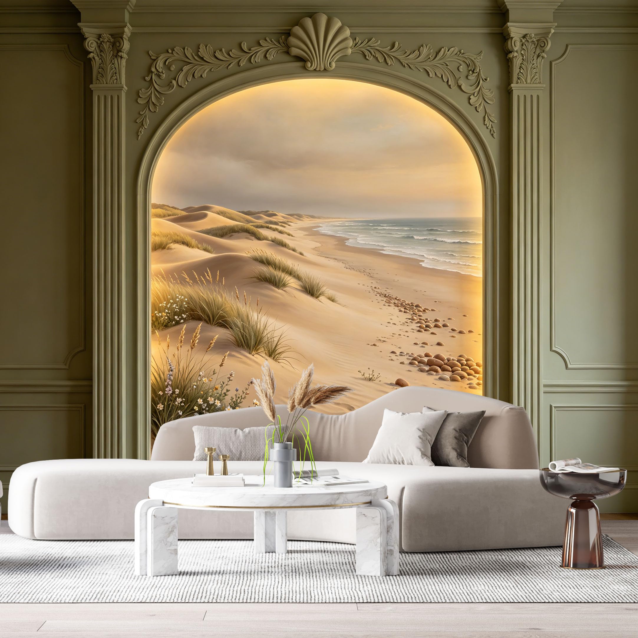Custom Size Wall Murals Neoclassical Coastal Landscape Sunset Shell 3D Trompe L'Oeil SelfAdhesiveWall Fabric Removable Wallpaper Wall Decor for Living Room Bedroom Bathroom