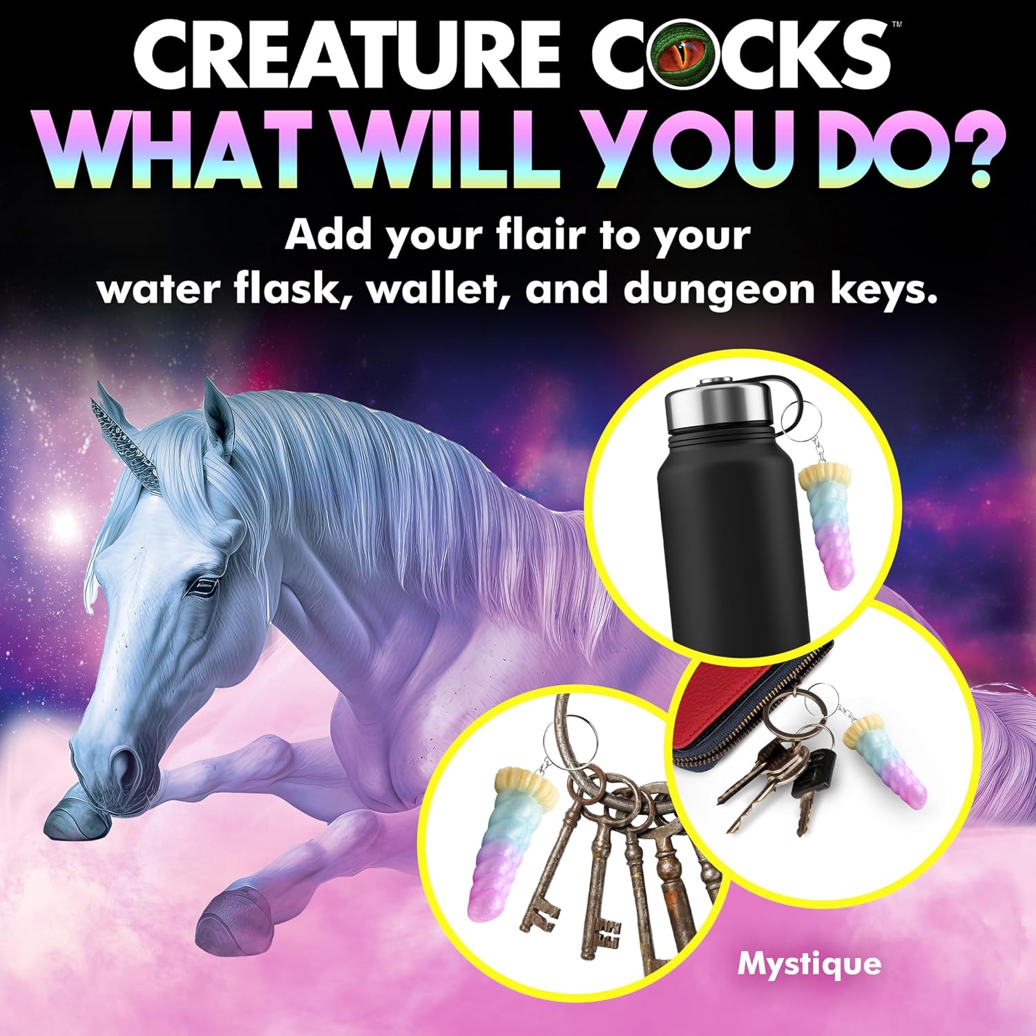 CREATURE COCKS Mystique Unicorn Silicone Keychain for Beginners, Men, Women, & Couples. Fun and Cute Mini Fantasy Dong. Nickel-Free Metal and Premium Silicone. Flag Your Fetish. 1 Piece, Purple & Blue