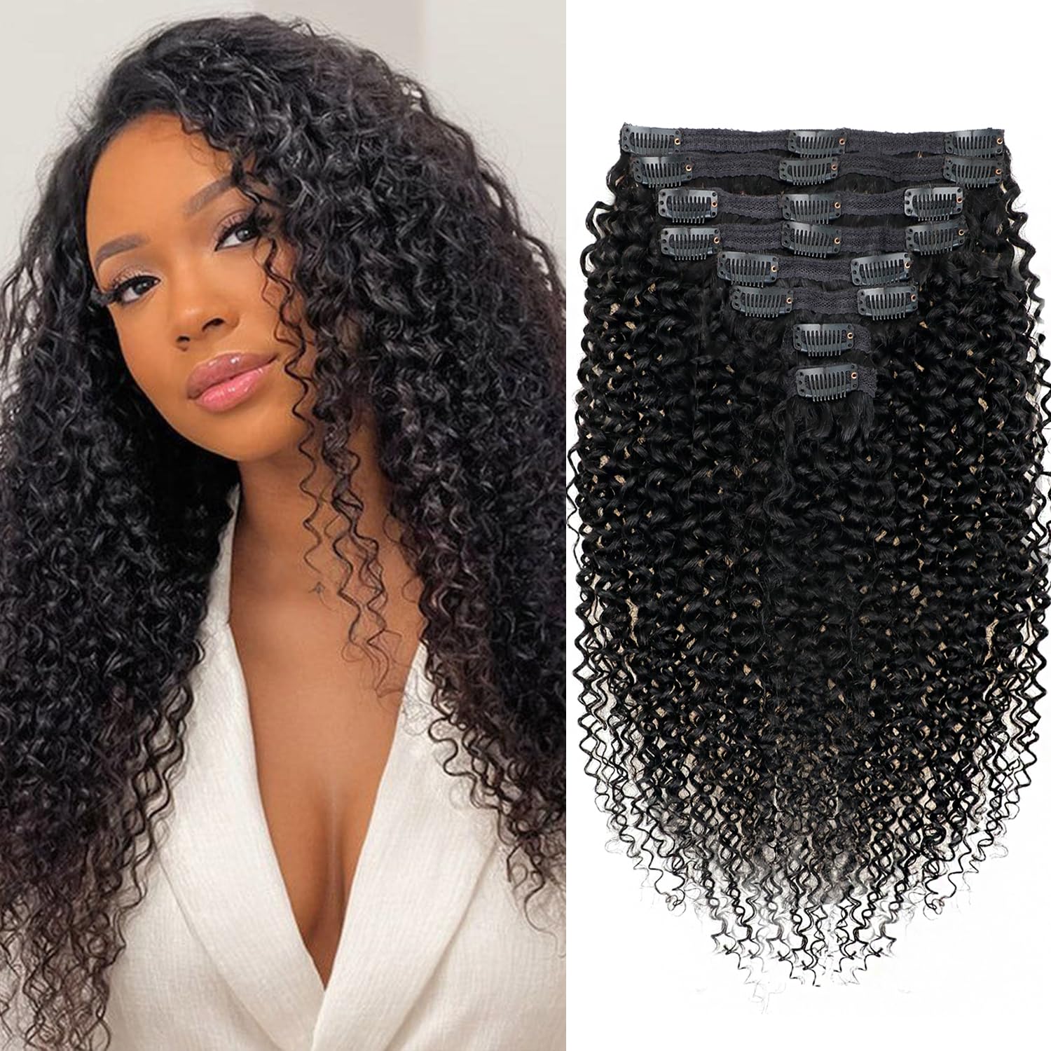 Curly Clip in Hair Extensions Real Human hair Brazilian Virgin 3c 4a Kinky Curly Clip ins Human Hair Extensions (20inch,#1B)