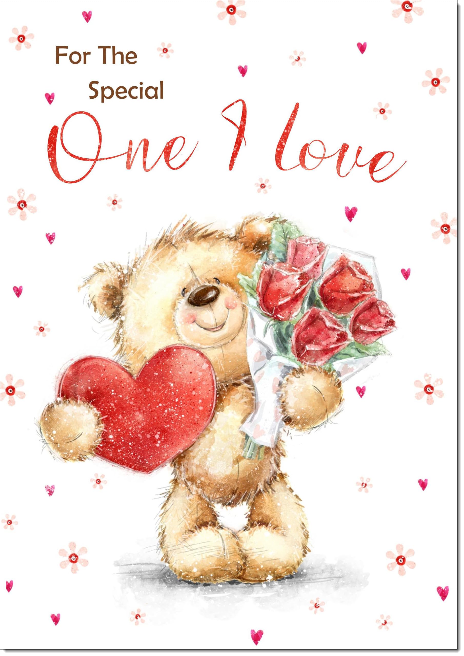 doodlecards One I Love Valentine's Day Card Teddy with Love Heart and Flowers Large A4 Size with Plain Envelope — image 1