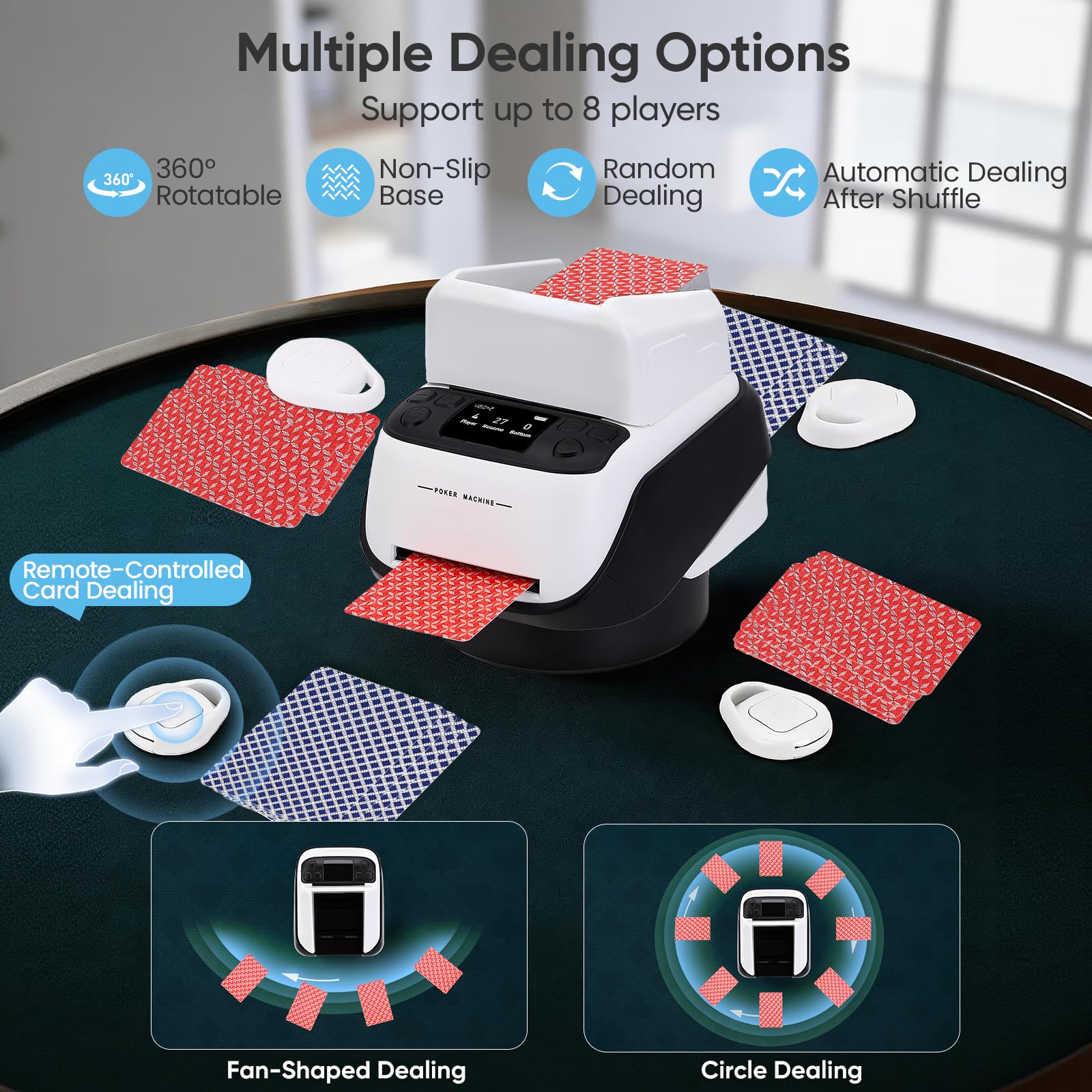 Repartidor Automático de Cartas con 4 Mandos a Distancia, Repartidor de Carta Giro 360° para 1–8 Jugadores, 1–4 Barajas, Recargable y Silencioso para Poker, Blackjack, Texas Holdem, UNO