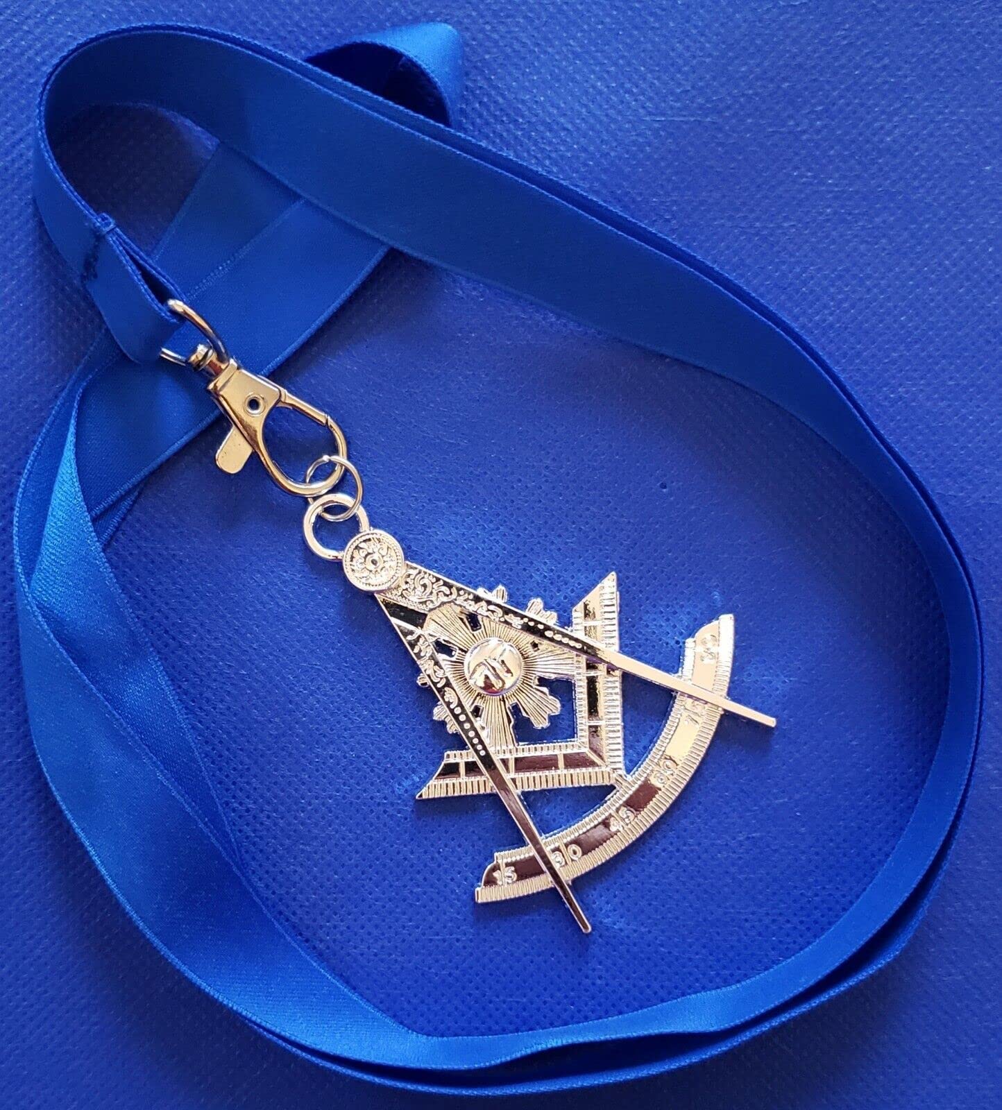 Masonic Collar Silver Jewel Past Master with Blue Neck Strap