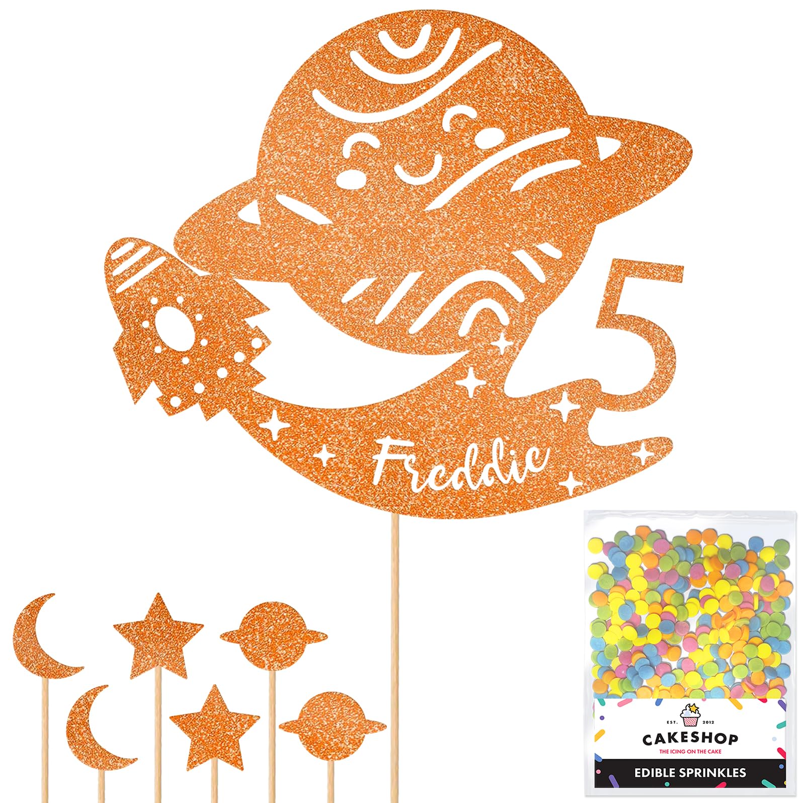 Personalised Space Rocket Planet Glitter Cake Topper- Orange Any Custom Age & Name Glitter Cake Decoration and Sprinkles - Happy Birthday Decorations - Personalised Toppers for Cakes by Cakeshop