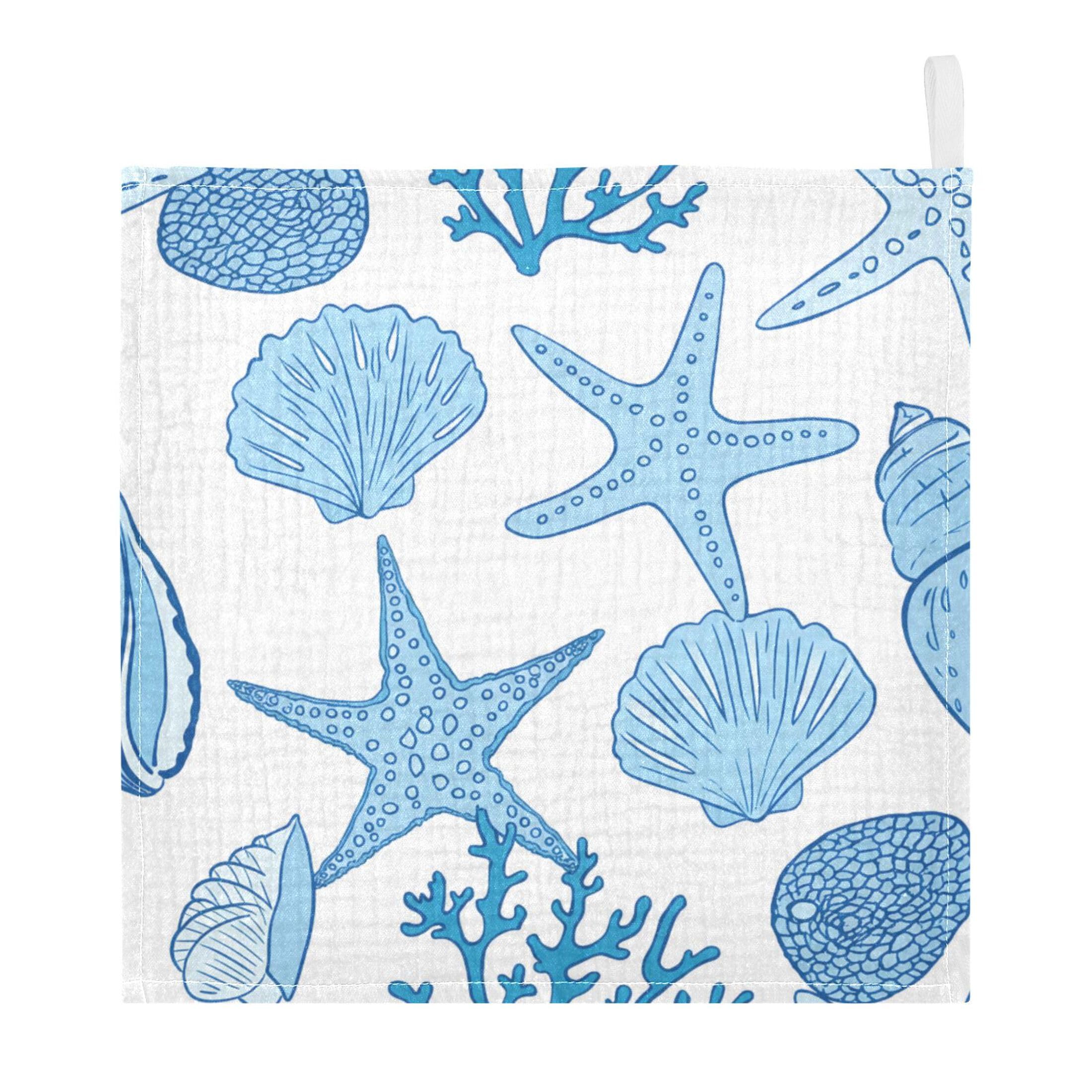 Fuauuyl Blue Seashells Baby Muslin Washcloths Cotton Absorbent Soft Burp Cloths for Newborns Infants Toddlers, Reusable Face Towels for Sensitive Skin, 5 Pack, 12x12 in