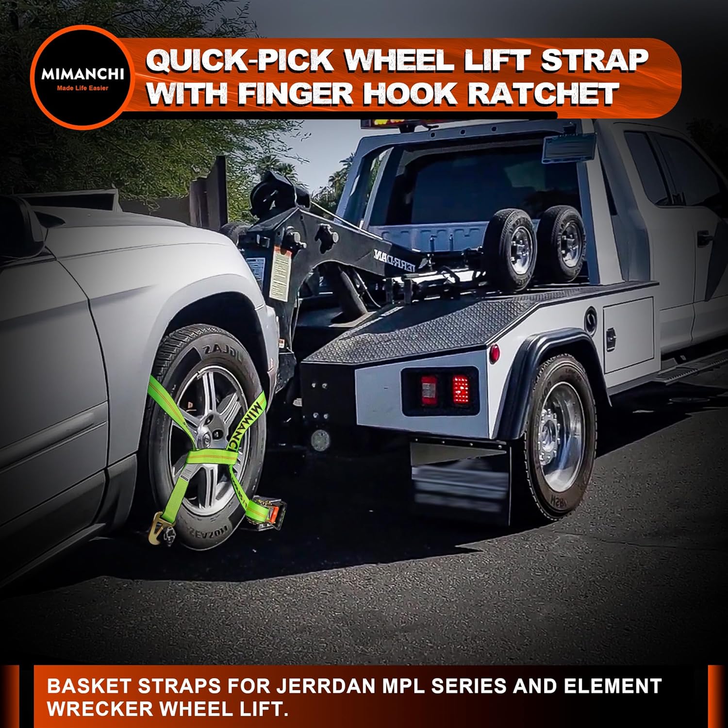 2" x 10' Heavy Duty Wheel Lift Straps, 2 Pack, Quick-Pick Basket Tire Strap with Finger Hook Ratchet for Jerr-Dan MPL Element Basket Tow Trucks
