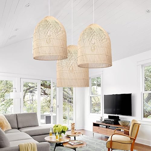 Miniatura 3 de Arturesthome 1 lámpara colgante de campana de mimbre, cesta de diseño tejida de ratán, cortinas de luz colgantes hechas a mano, lámpara de techo