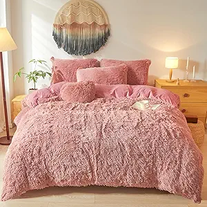 Shaggy Fluffy Old Pink Comforter Cover Queen Set – Faux Fur Shaggy Old Pink Bedding 3-Piece Set (1 Duvet Cover + 2 Furry Pillow Shams) Cozy Bed Set