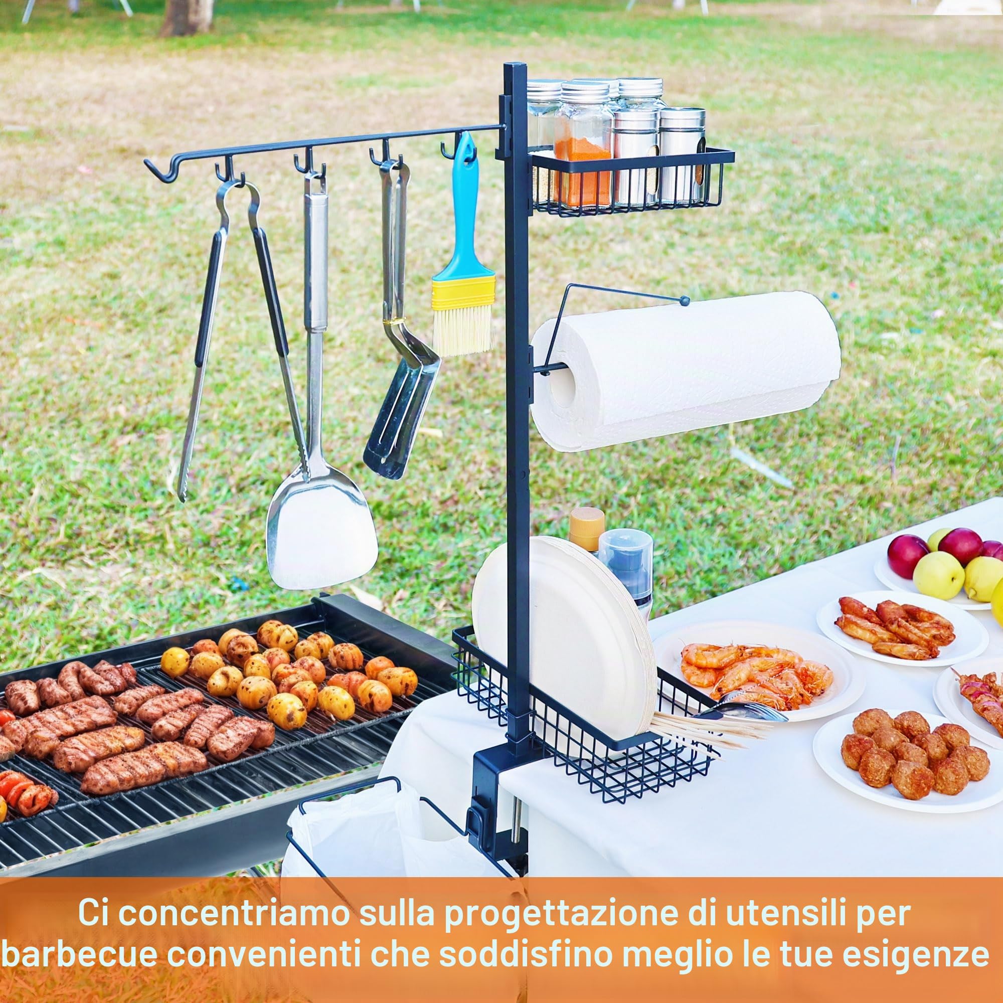 Organizzatore 5 in 1 per accessori e strumenti per barbecue, porta utensili da barbecue con porta rotolo da cucina, condimenti e sacchetti della spazzatura per campeggio, regali unici per barbecue per