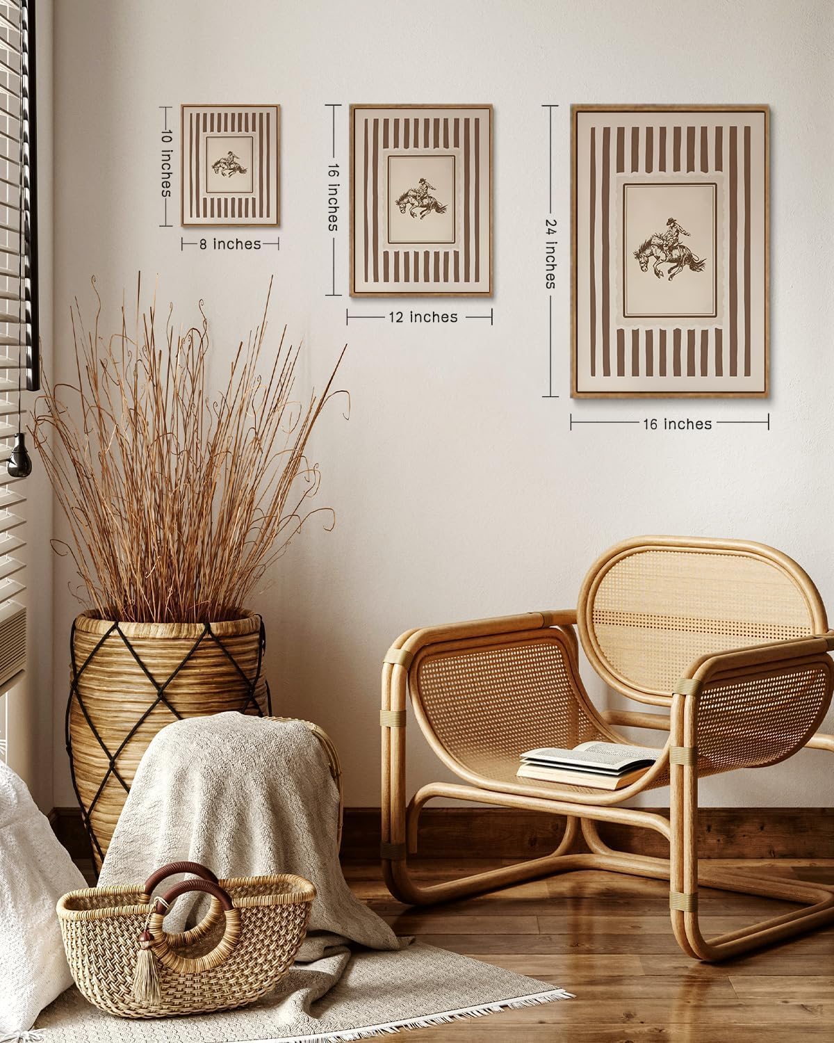 ZZLWBKGL Vintage Western Framed Wall Art Farmhouse Striped Cowboy Canvas Wall Art Retro West Nursery Pictures Decor Mid Century Rodeo Bronco Riding Art Prints for Living Room Bedroom