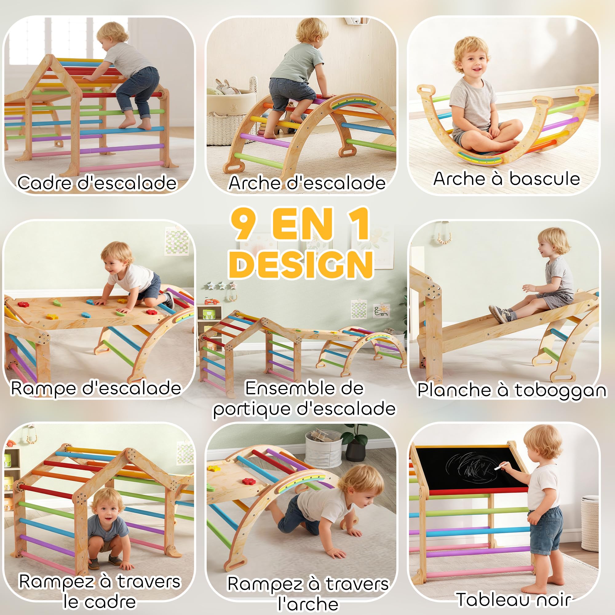 AIYAPLAY Triángulo de Escalada Infantil 9 en 1 de Madera, con Rampa Reversible, Tobogán, Basculas y Estructura de Escalada, Carga Máx. 50 kg, para bebé 18-48 Meses, Multicolor