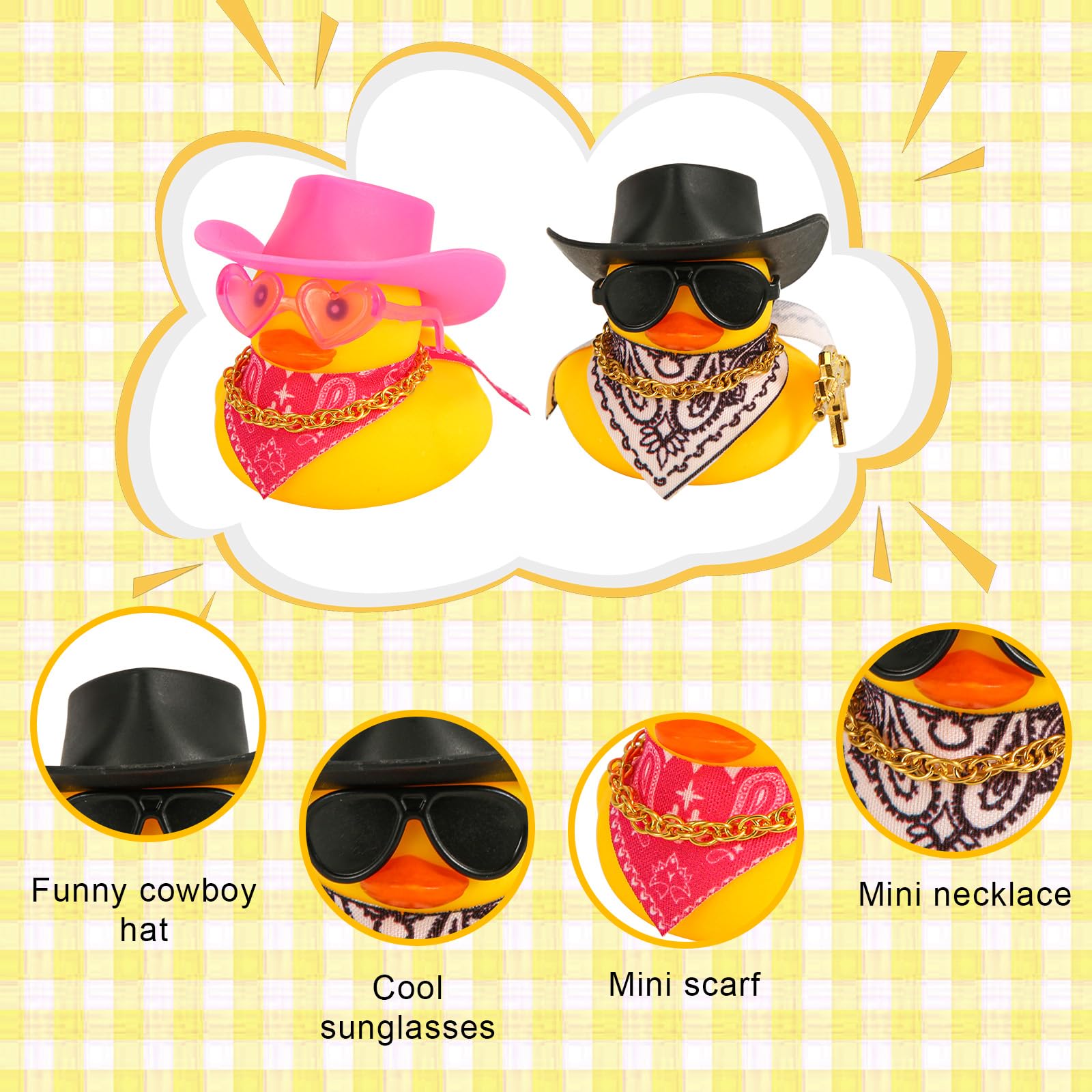 Wonuu Canard En Caoutchouc Jaune Pour Décoration De Tableau De Bord Avec Chapeau De Soleil, Anneau De Natation, Collier De Lunettes De Soleil Pour Décoration De Tableau De Bord De Voiture, Chapeau