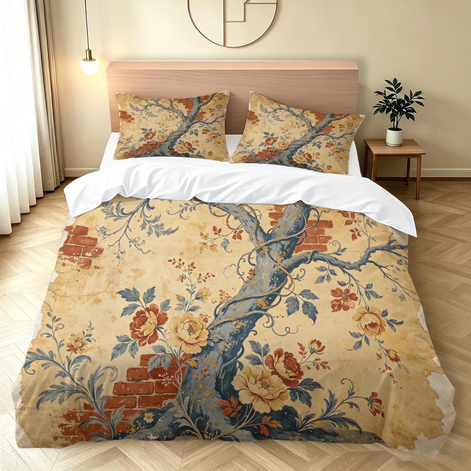 Set Copripiumino Singolo 155x200 cm Fiori Intrecciati Pastorale Retrò Set di Biancheria da Letto in Morbido Traspirante Microfibra 3D con Copripiumino e 2 Federe 50x80 cm Beige G-1795