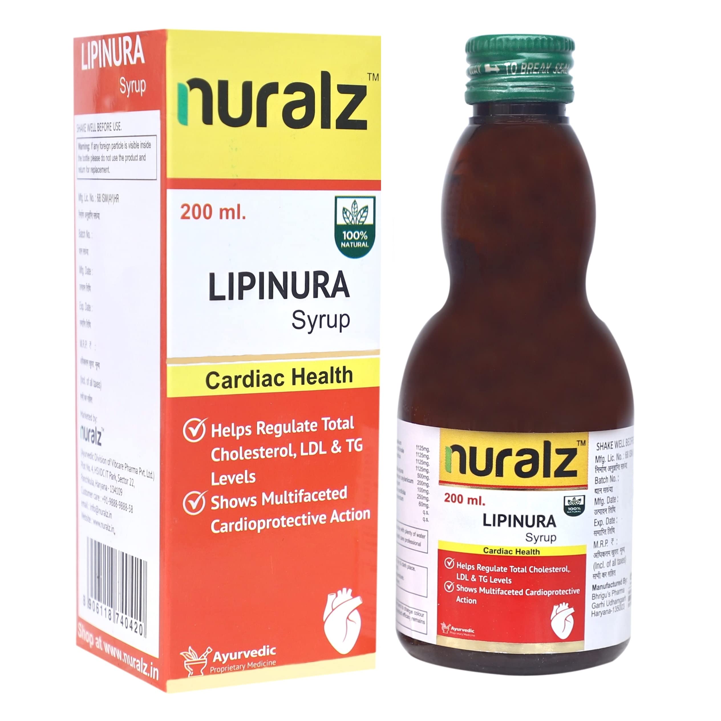 Nuralz Lipinura Syrup - Sugarfree Ayurvedic Medicine Lowers Bad Cholesterol, LDL & Triglycerides, 100% Natural, Safe and Effective (400 ml) (2 X 200ml)