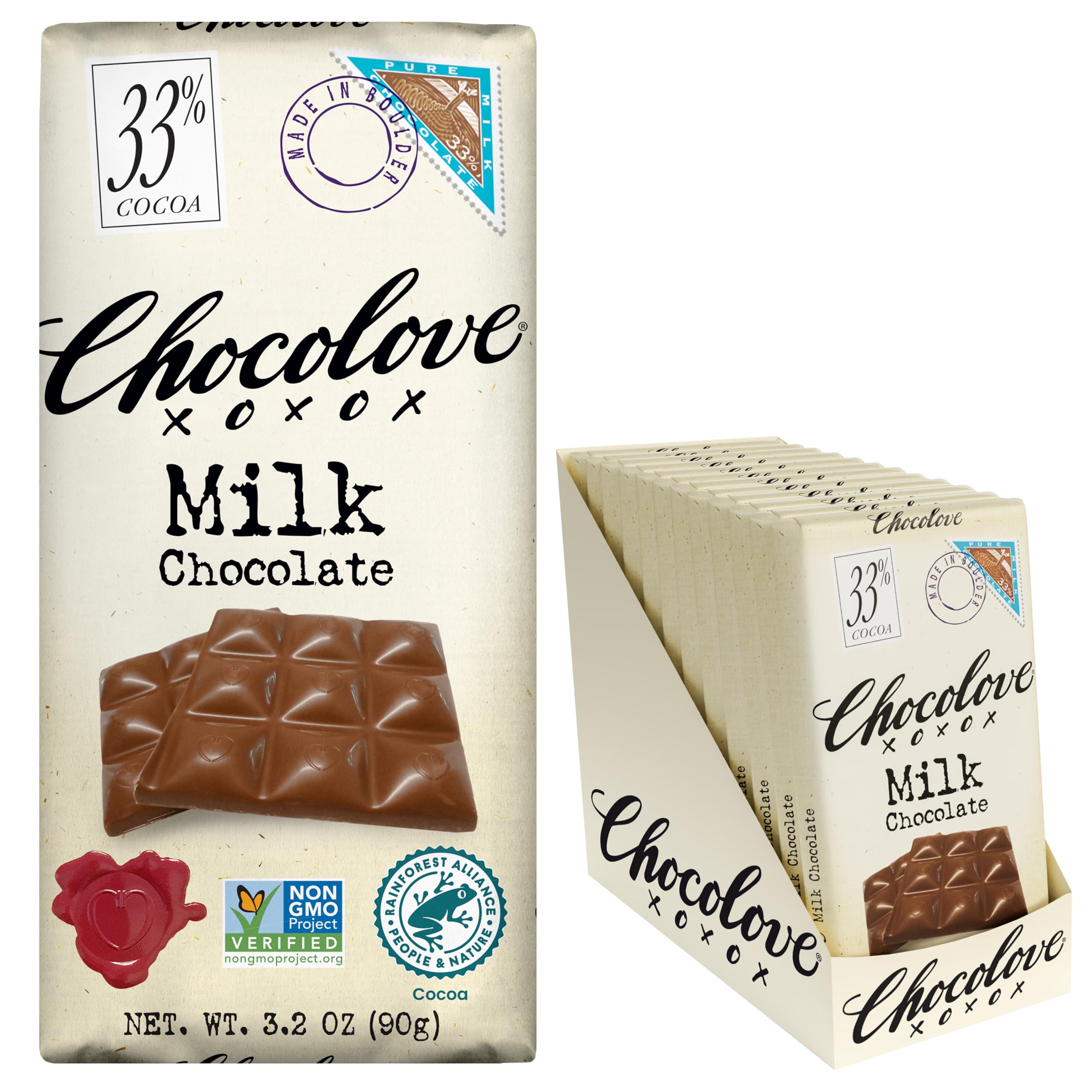 Chocolove Creamy Milk Chocolate Bars | 33% Cocoa | Crafted with Silky Premium Chocolate | Non-GMO, & Gluten-Free, 3.2 oz Bar (12 Pack)