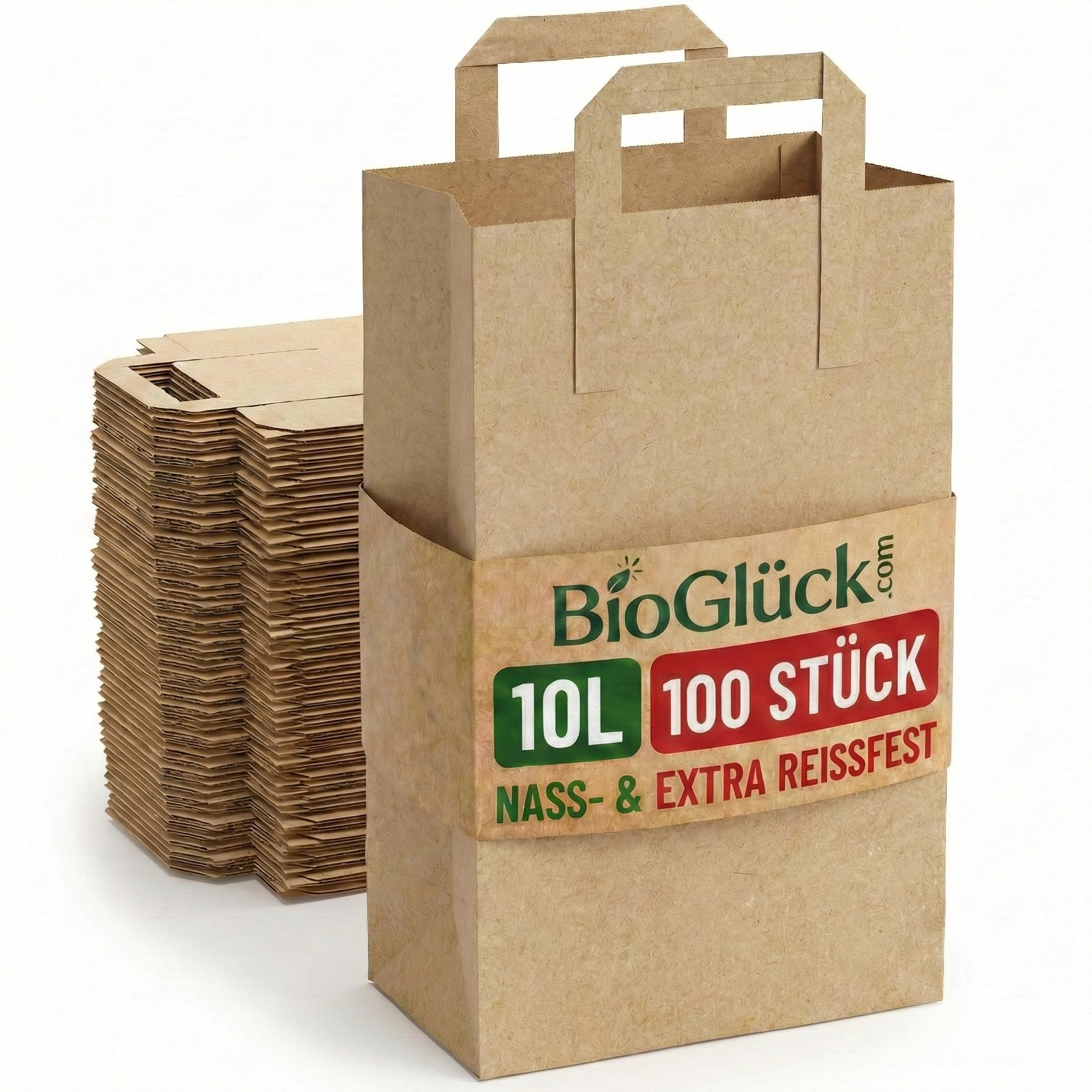 BIOGLÜCK® Biomüllbeutel 10L mit Tragegriff [100 Stück] – für den einfachen & hygienischen Transport | Reißfeste & nassfeste Papiertüten für Biomüll