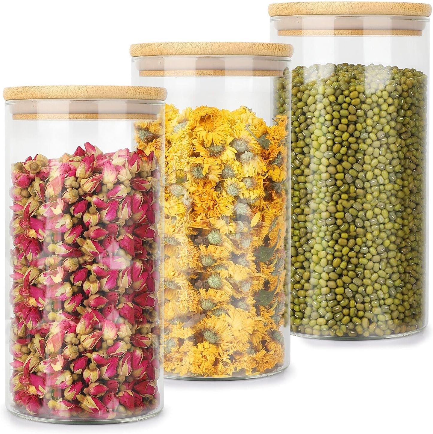 Yibaodan 1300ml Glass Food Jars with Bamboo Lids, 3 Pack Glass Storage Containers with Airtight Wood Lids Kitchen Canisters Set for Pasta Spaghetti Tea Beans Snack Flour Noodles Cereal