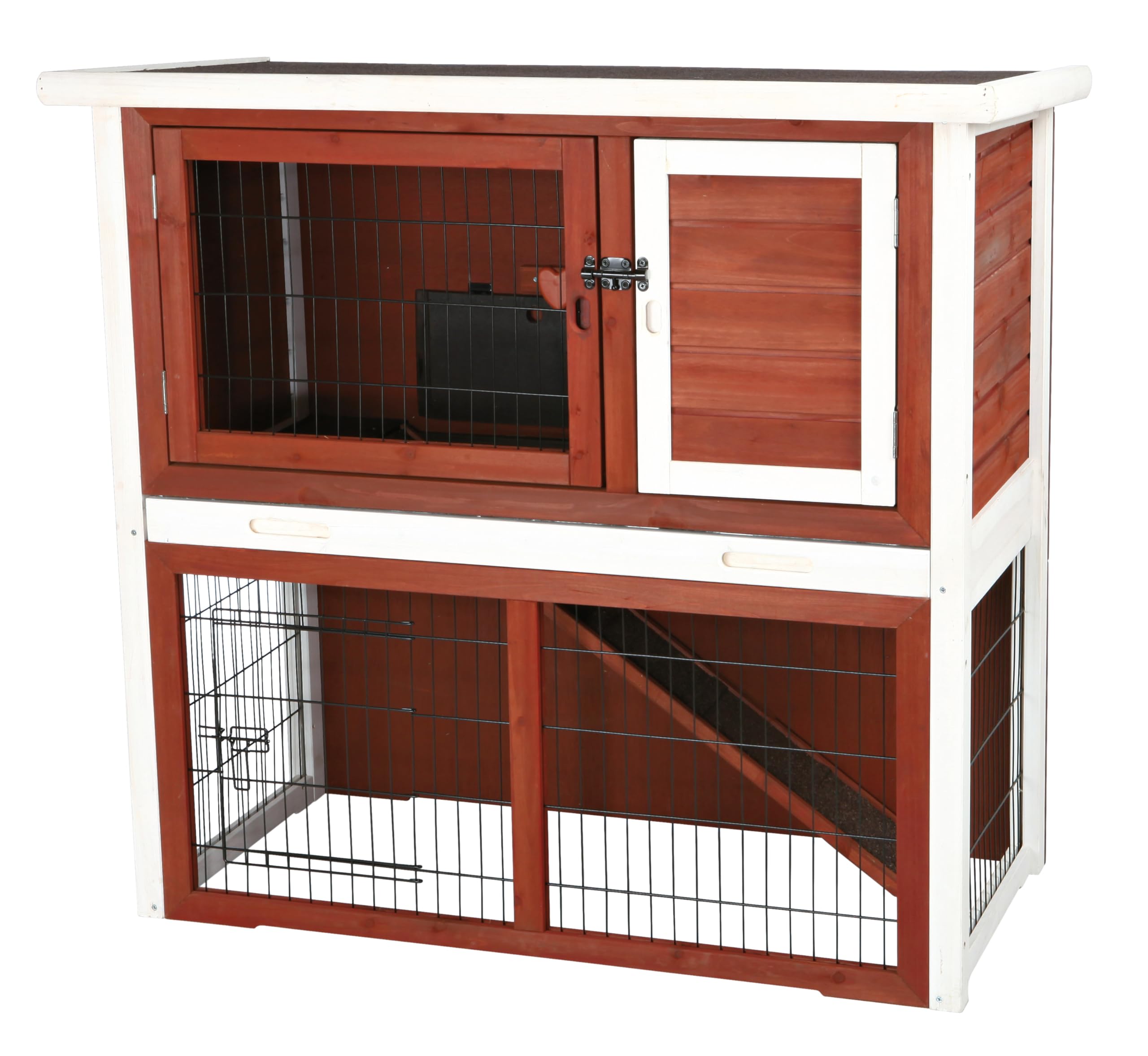 TRIXIE natura Outdoor Rabbit Hutch with Run - 2-Story Rabbit Cage with Non-Slip Ramp - Medium Elevated Small Animal House with Secure Playpen, Hinged