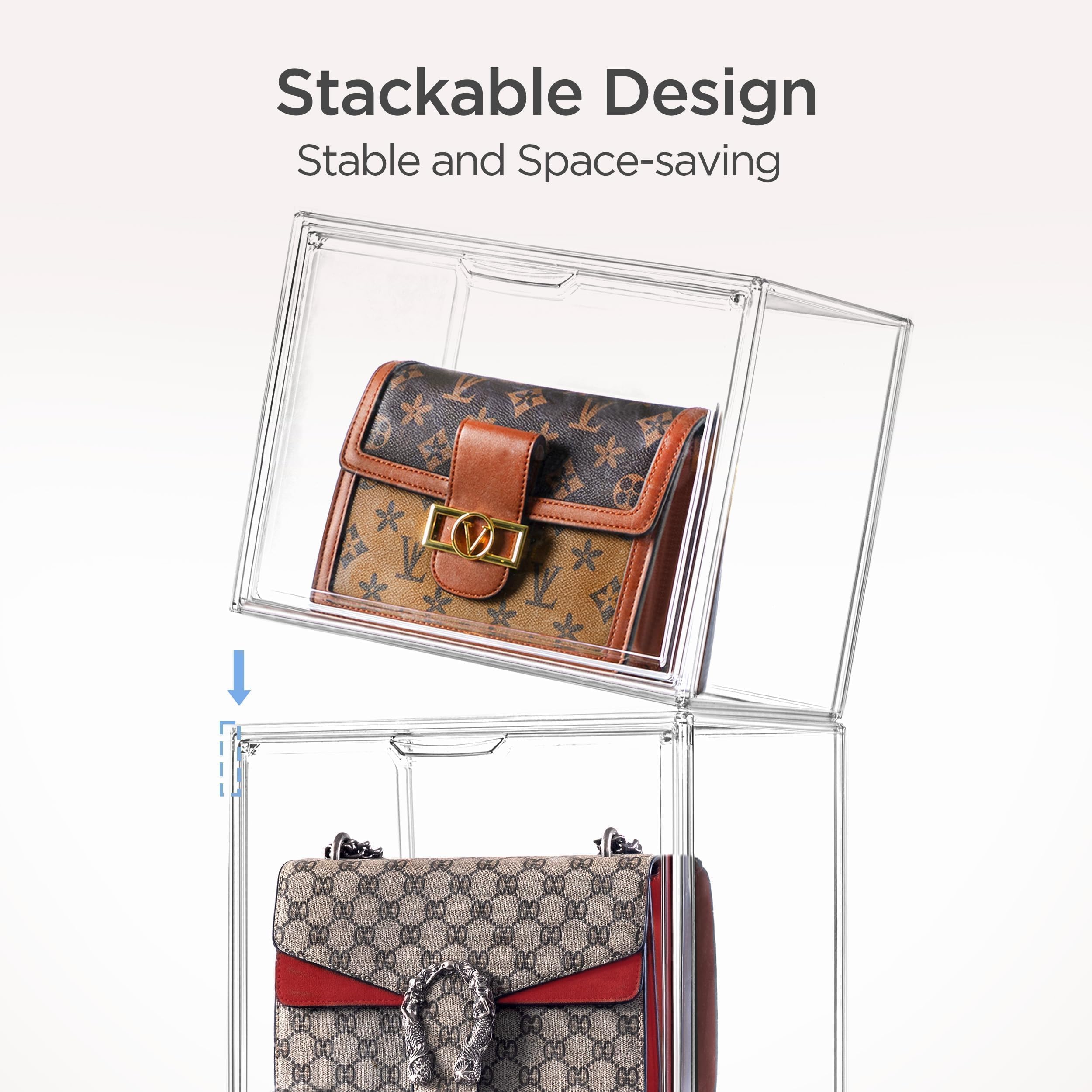 Paquete de 5 organizadores de almacenamiento de bolsos para armario, caja grande transparente apilable de bolsa con puerta magnética para coleccionables, cosméticos, tacones de mujer y juguetes 4
