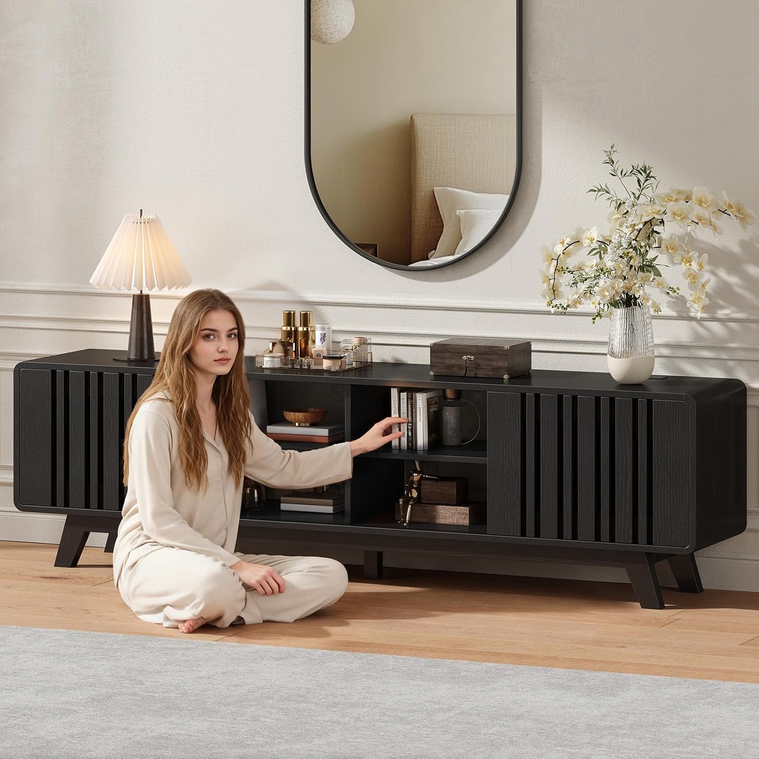 ONBRILL 70-Inch TV Stand for TVs up to 80 Inch, Mid-Century Modern Television Stand with Power Outlet， Entertainment Center with Sliding Grille Door Cabinets and Open Shelves for Living Room, Black