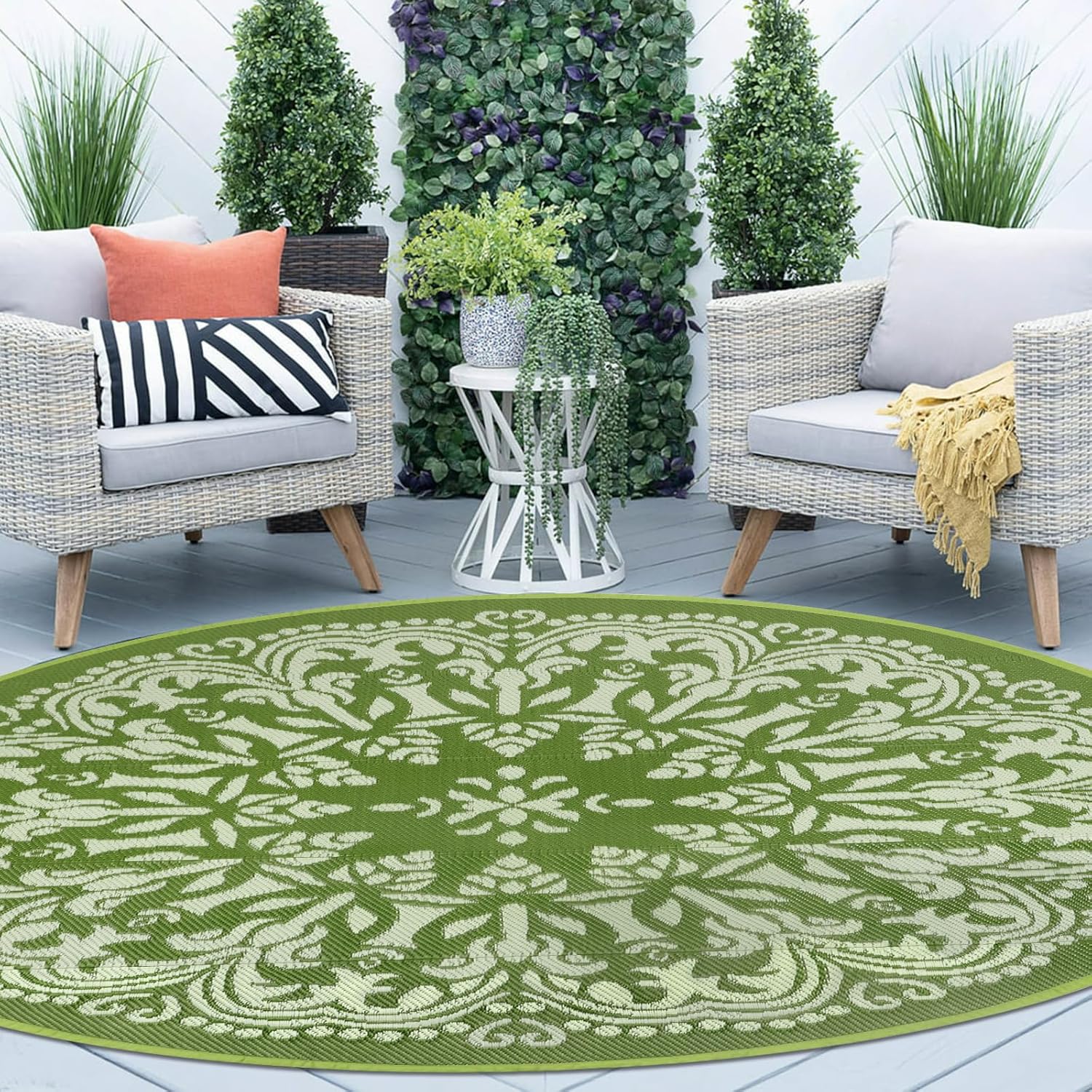 Homcomoda Round Outdoor Patio Rug 6Ft Waterproof Indoor Outdoor Area Rug Green Modern Floral Machine Made Low Pile Reversible Straw Rugs for Porch Garden Deck Backyard Balcony