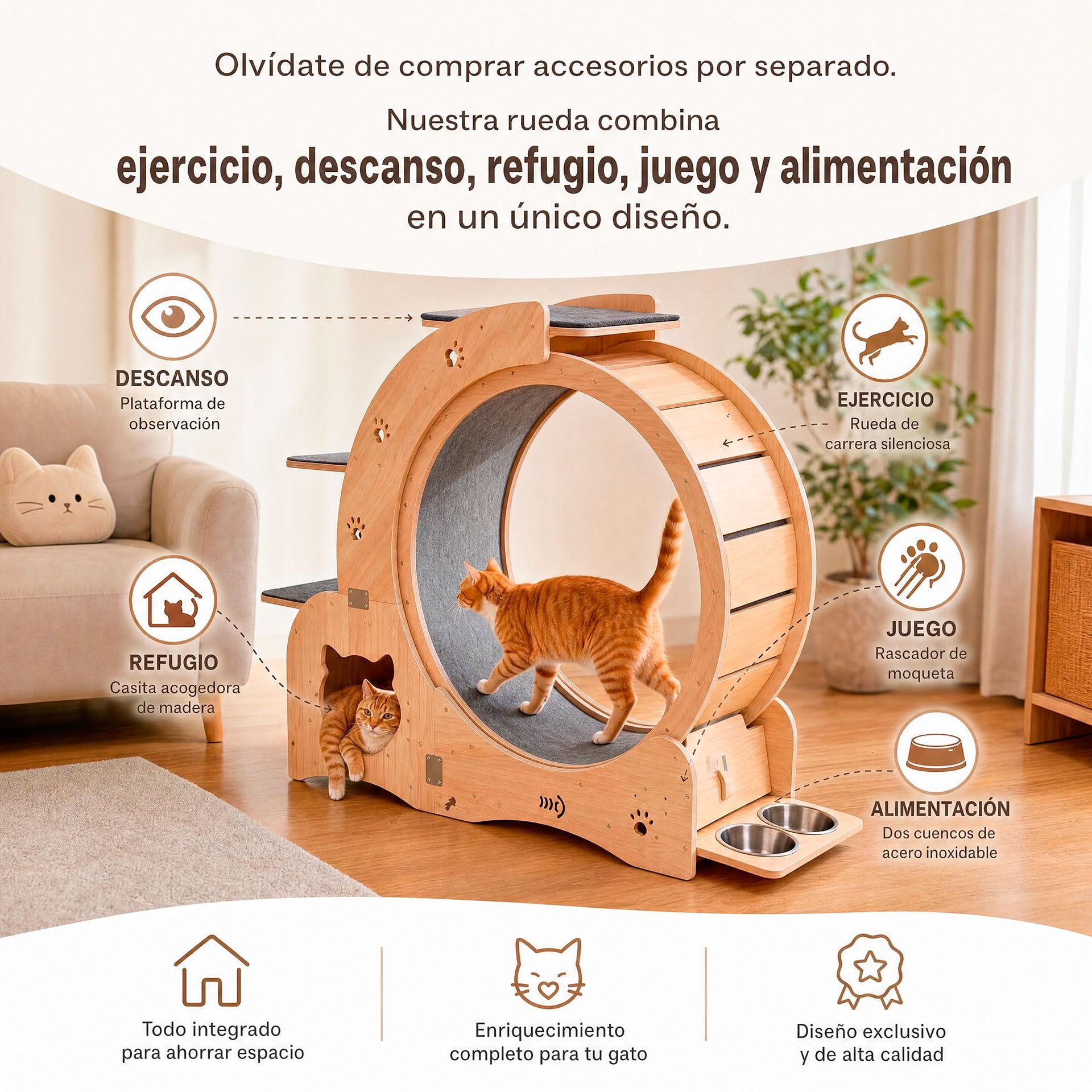 Rueda de Ejercicio para Gatos de Madera Maciza 5 en 1 (100cm) con Casita Integrada, Rascador, Plataformas y Cuencos – Cinta de Correr Silenciosa y Estable para Gatos Grandes y Perros Pequeños