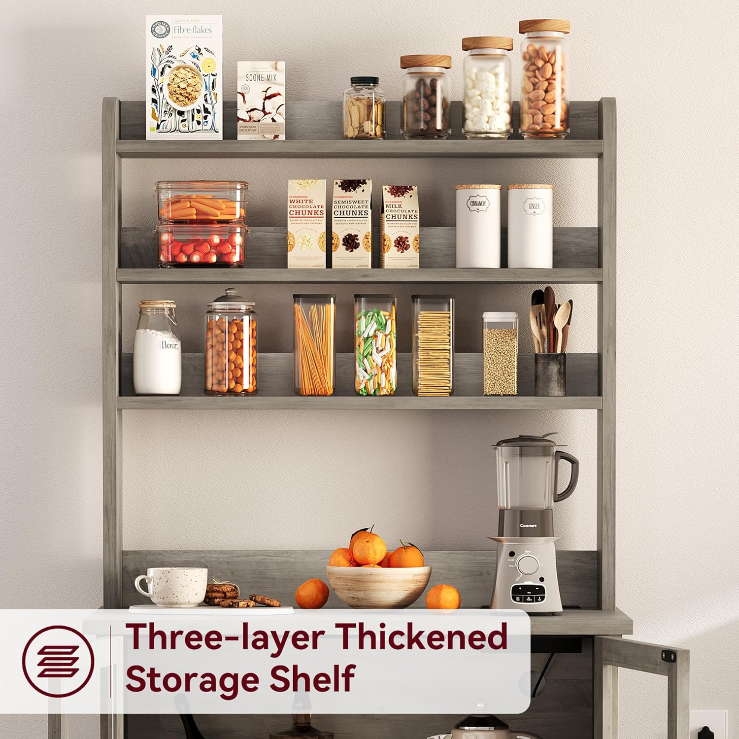 Bakers Rack with Storage Cabinet, Farmhouse Microwave Stand with Power Outlets & Glass Doors, Small Kitchen Bakers Rack with Thick Table Top, Coffee Bar Station, Retro Gray