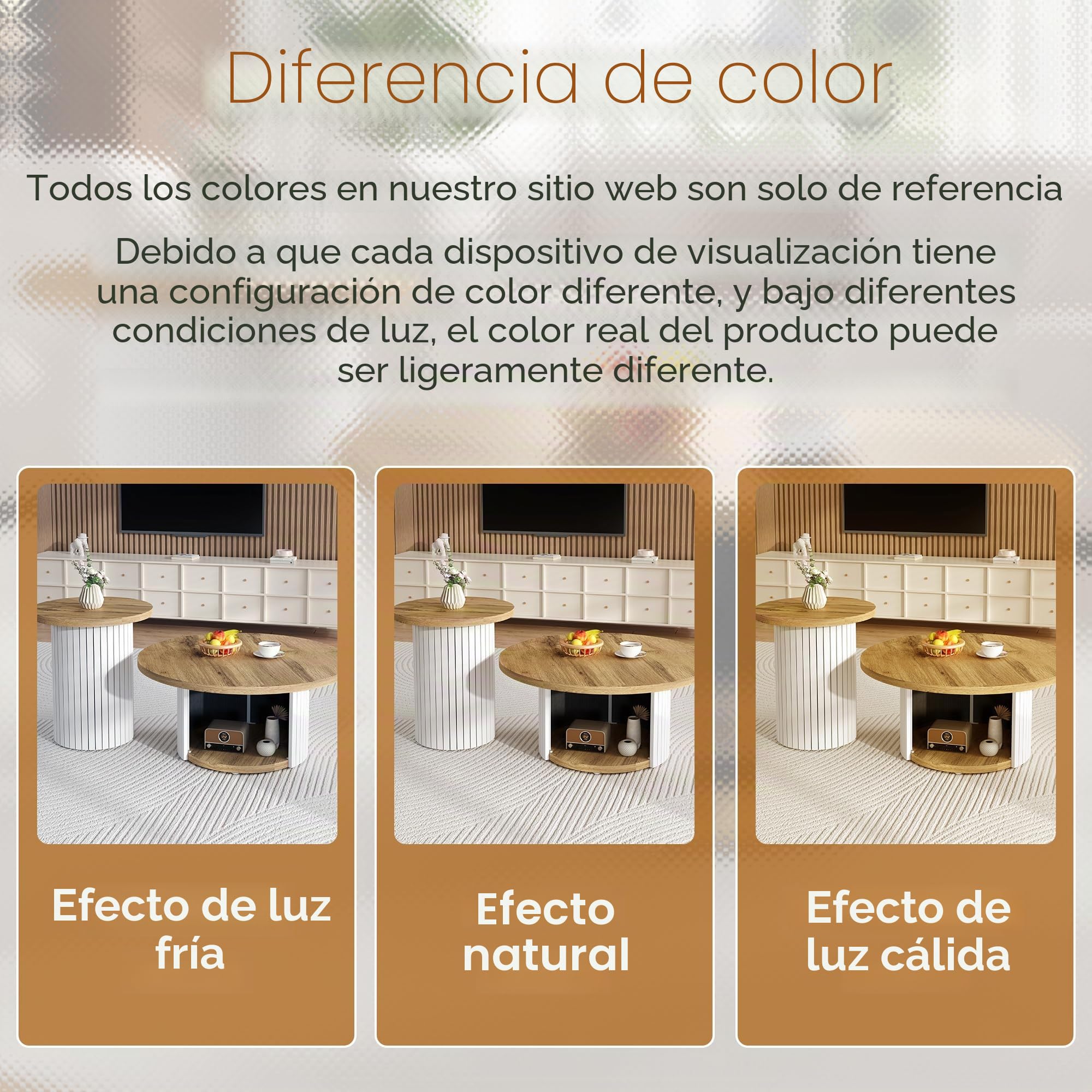 Mesa de centro, mesa redonda doble, mesa auxiliar con listones de madera natural. Mesa de salón multifuncional