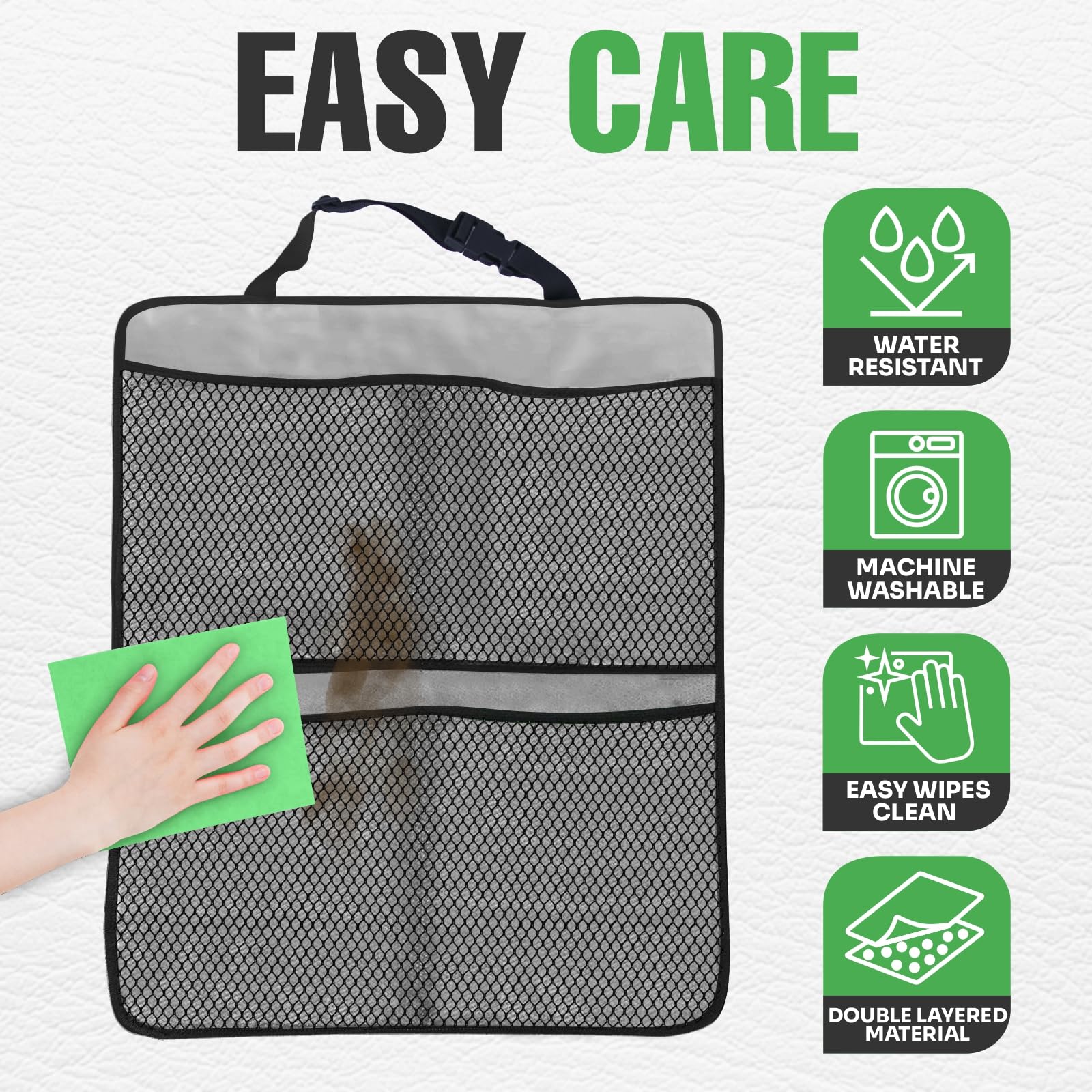 lebogner Rücksitzbezug für Kinder + Organizer mit 4 Taschen, 2 Stück, Trittmatten für Rücksitz, Autozubehör, wasserdichter Trittschutz für Fahrzeuge zum Schutz vor Schmutz, Schlamm und Kratzern, Grau
