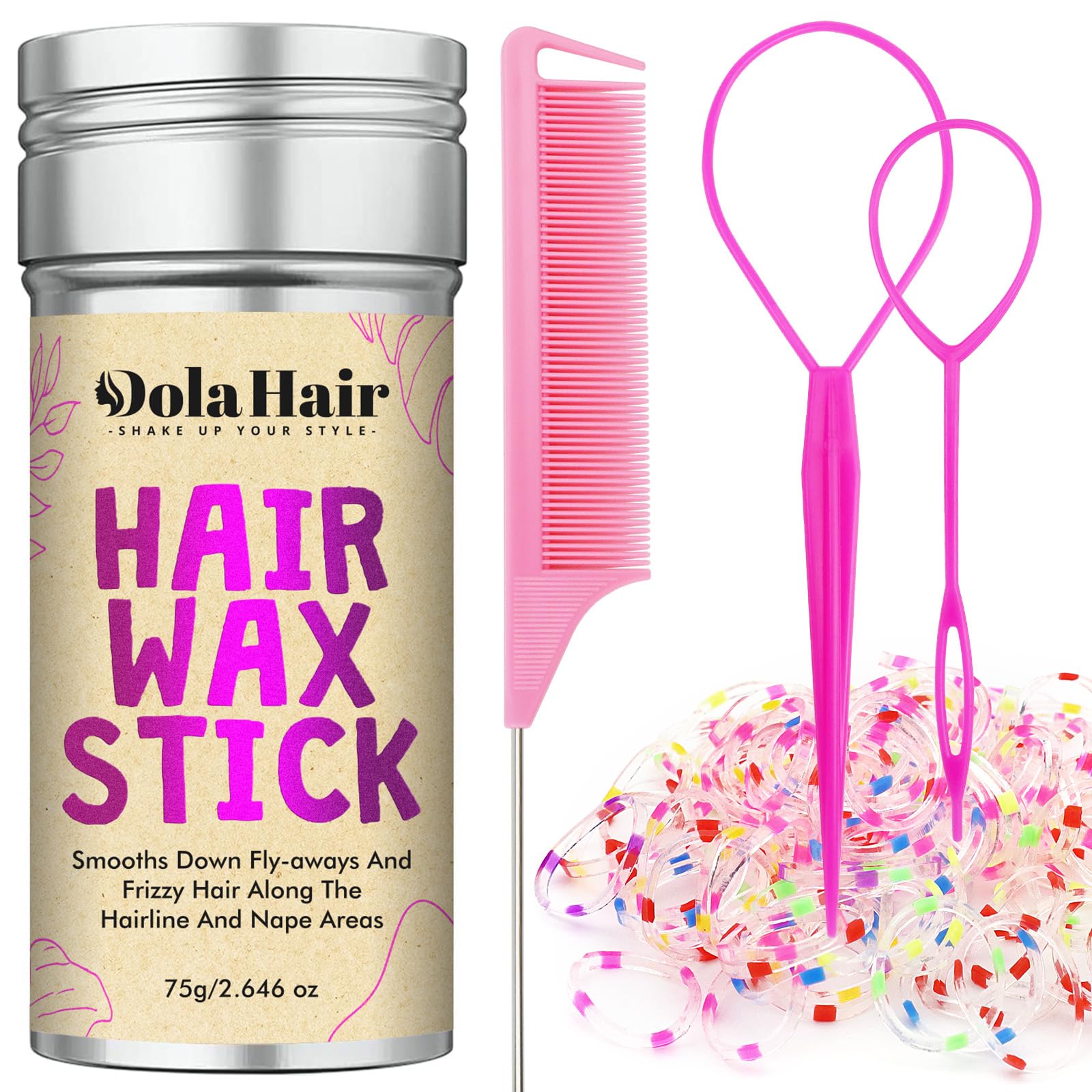 Barra de cera para el cabello Dolahair, accesorios para el cabello suelto para niños y mujeres, 50 bandas elásticas de colores, 1 cepillo para el cabello, 2 bucles para el cabello, herramientas de peinado rosa