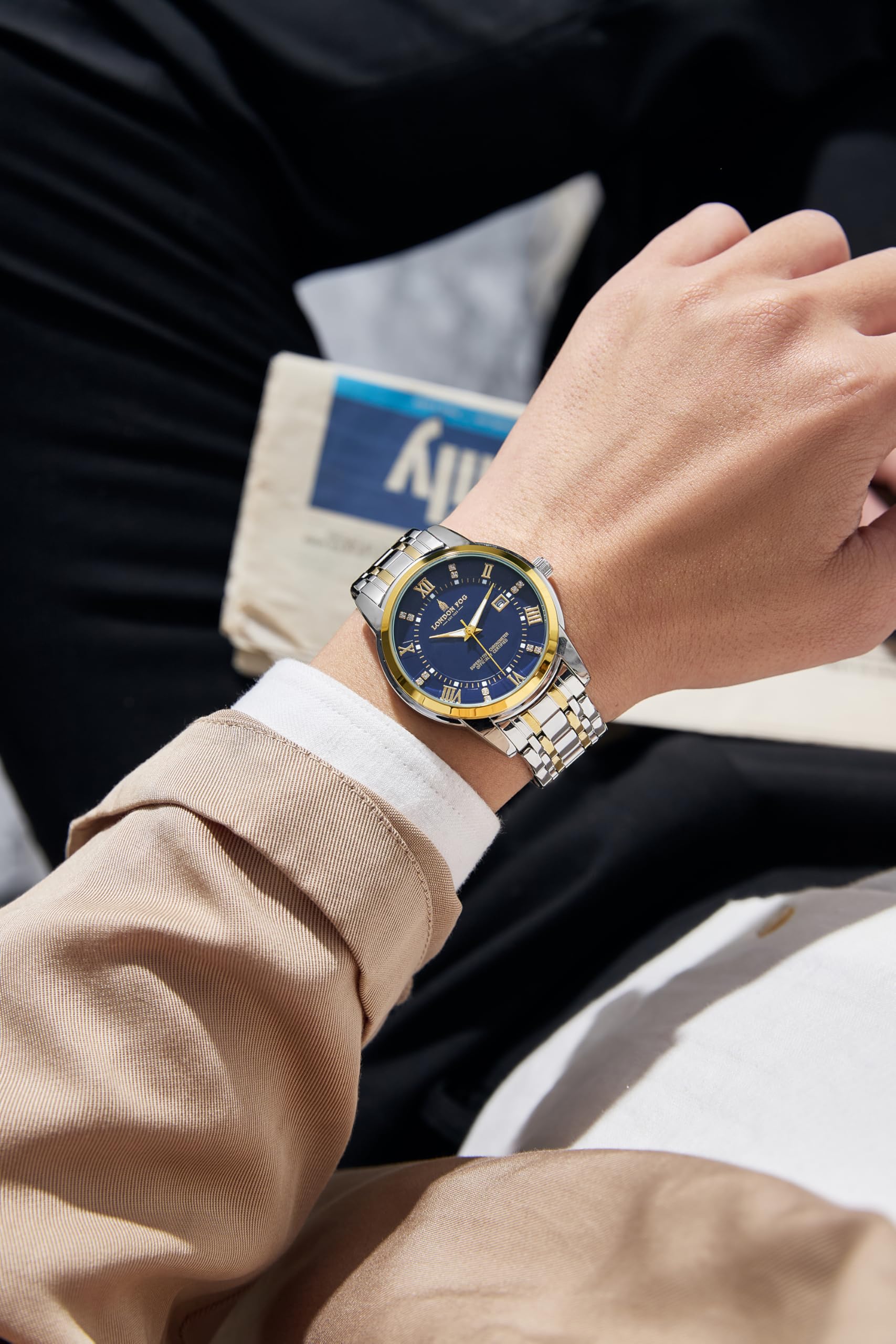 London Fog Regent Collection Analog Quartz Watch for Men with Blue Dial and Two Tone Silver Gold Stainless Steel Strap, Metal Case, Date Display, Luminous Hands & Hour Markers, Water Resistant