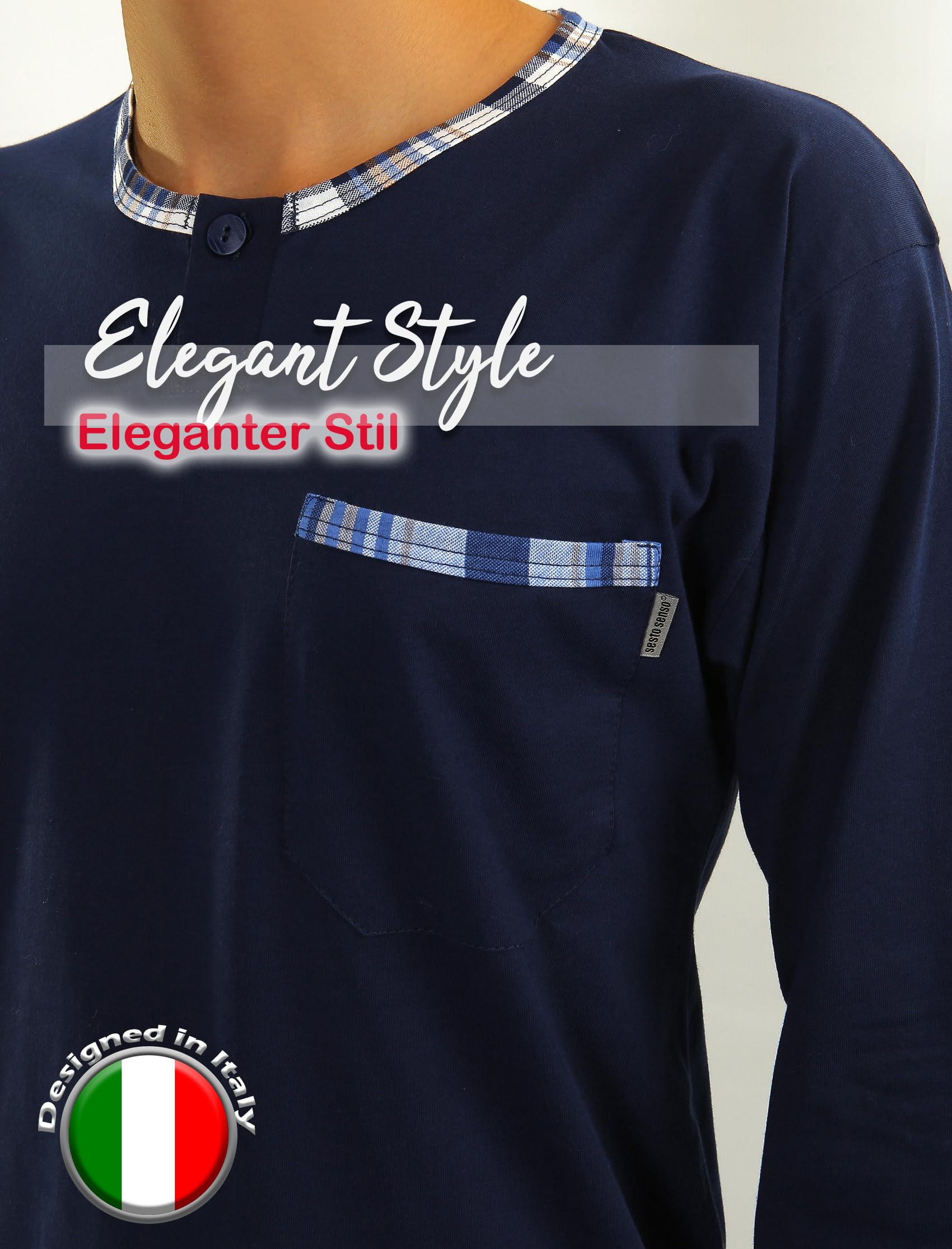 sesto senso Pigiama Uomo Cotone Lungo 100% Cotone Biancheria Invernale da Notte Pigiami Due Pezzi Lingerie Maniche Lunghe Pantaloni Lunghi