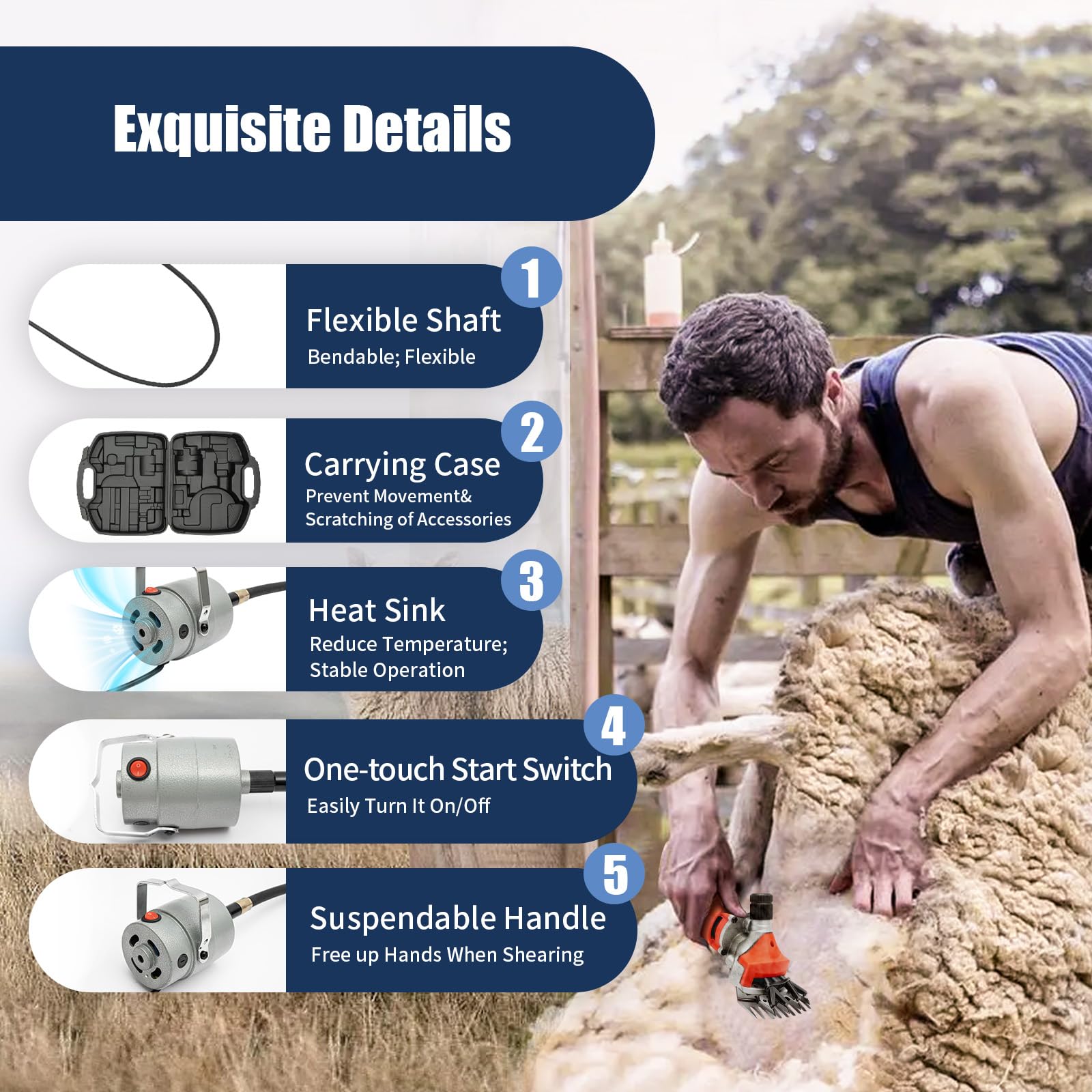 Electric Sheep Shears, 1200W Farm Livestock Shearing Machine Animals Grooming Haircut Trimmer Soft Shaft Wool Scissors Adjustable Tightness,for Sheep Alpacas Goats, Farm Livestock, 2800r/min