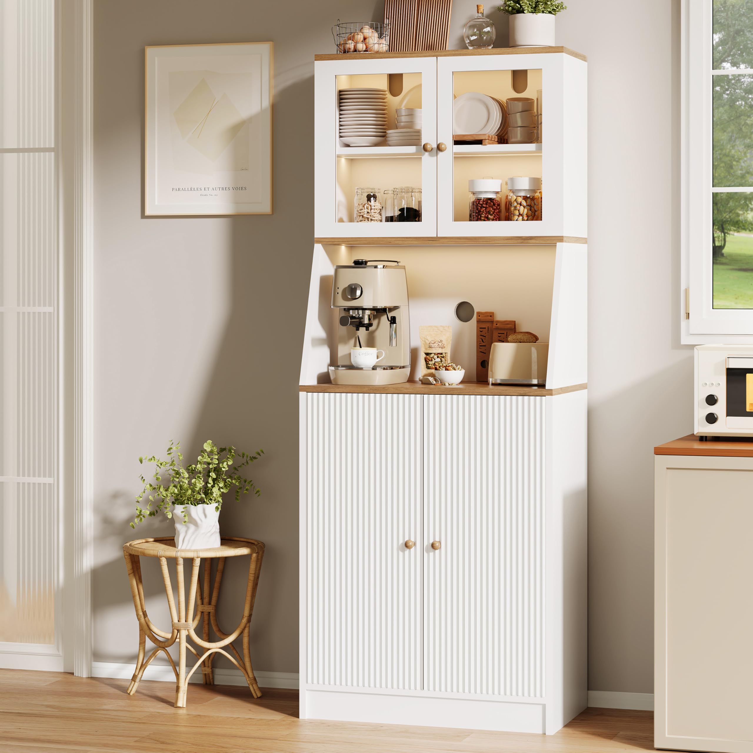Aparador Alto de Cocina con LED, Armario de cocinaAlto con encimera, Armario de Cocina con estantes Ajustables y armarios gabinetes, aparadores Comedor, Vitrina para Comedor(Blanco)