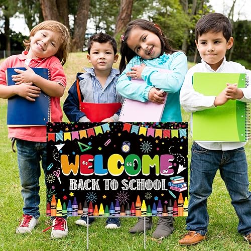 Miniatura 6 de Decoraciones de regreso a clases, letreros de patio al aire libre con estacas de metal, libros de banderines de crayón de bienvenida a la escuela,