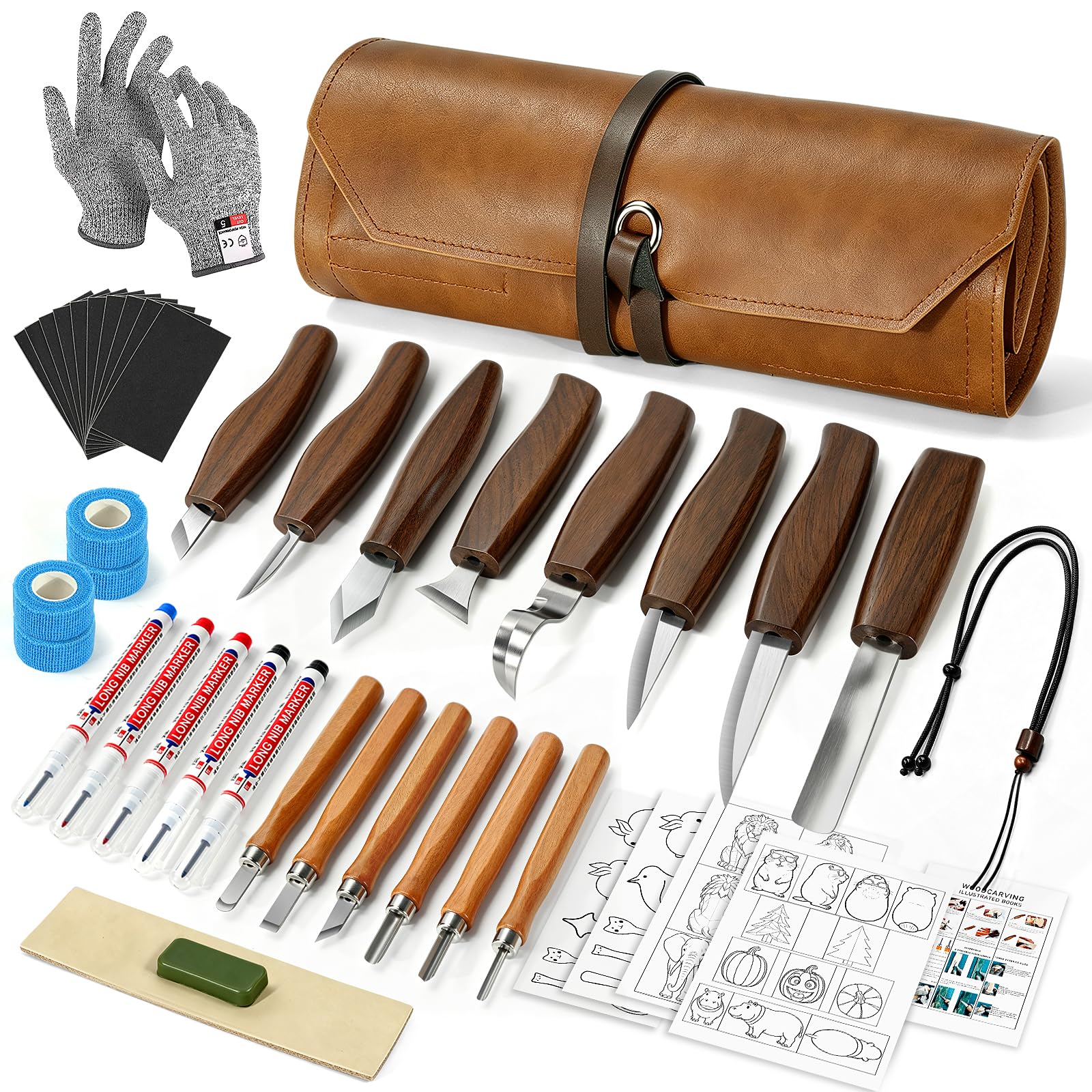 35Pcs DIY Deluxe-Holzschnitzset, Werkzeugset mit Ledertasche