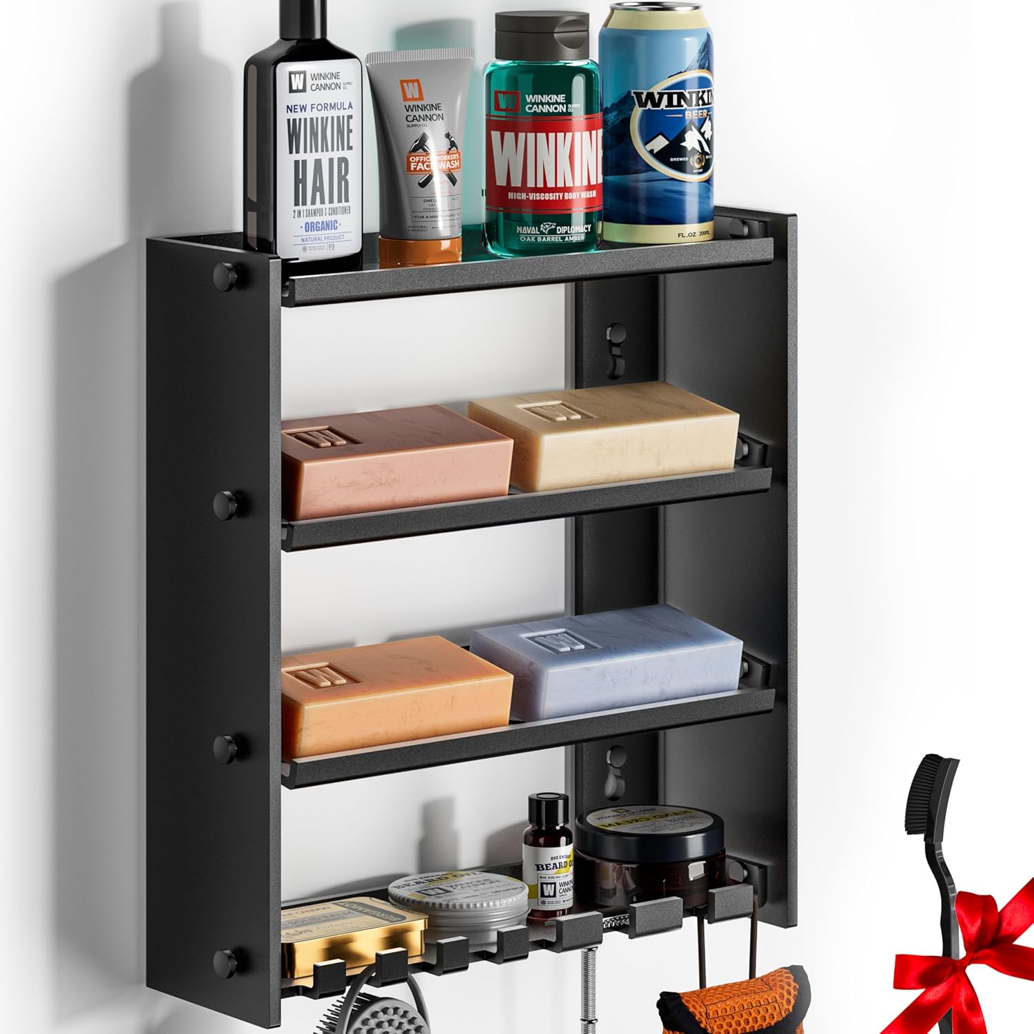 WINKINE Shower Caddy for Men, Acrylic Bar Soap Holder Wall Mounted, 4 Tier Shower Caddy Hanging, Shower Organizer Soap All-in-one Shower Shelf Black Shower Caddy for Men