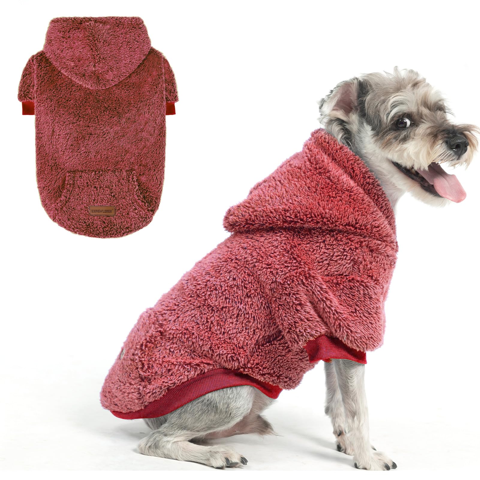 EXPAWLORER Fuzzy Sweaters, Double-Sided Plush Fleece Soft Dog Hoodie - Winter Coat, Sherpa Hooded Sweatshirt for Small to Large Dogs (Maroon S)