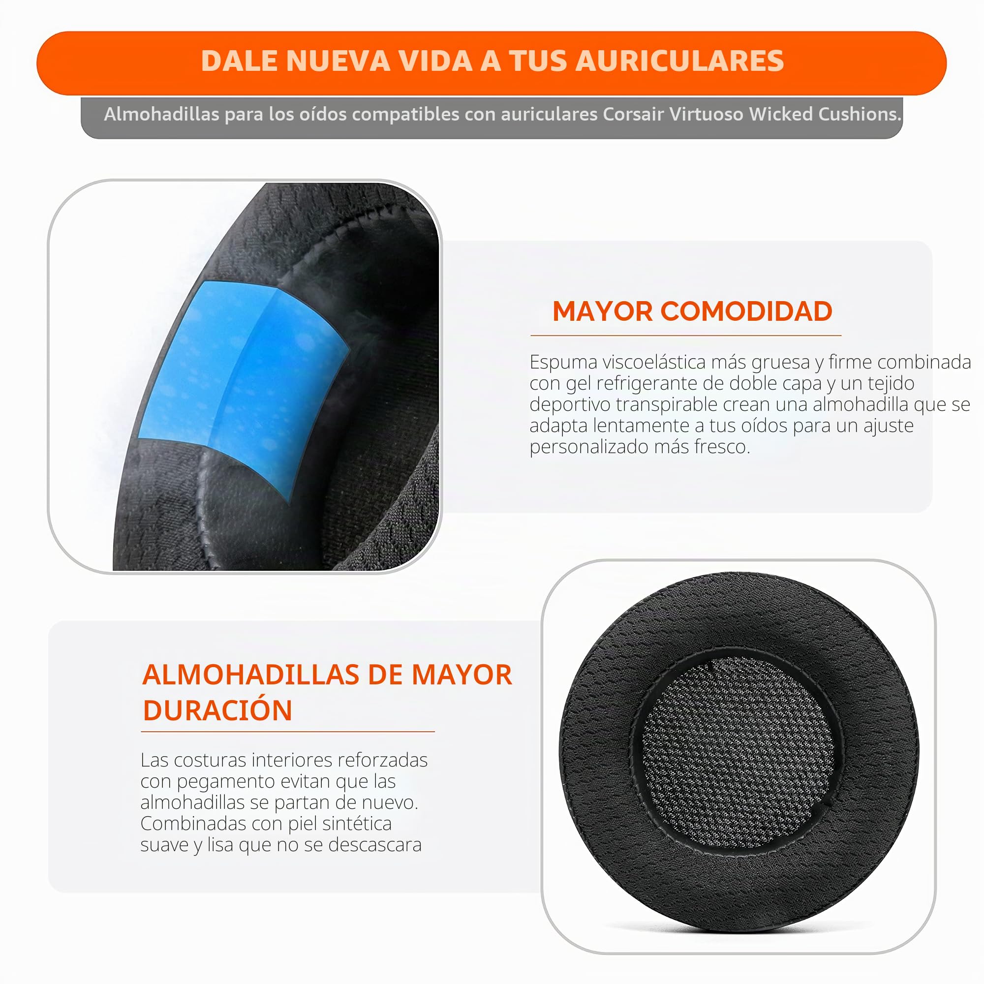 WC Freeze Virtuoso - Almohadillas de Gel refrigerante para Auriculares para Juegos Corsair Virtuoso de Wicked Cushions - Mayor Durabilidad, Grosor y Aislamiento de Sonido | Negro