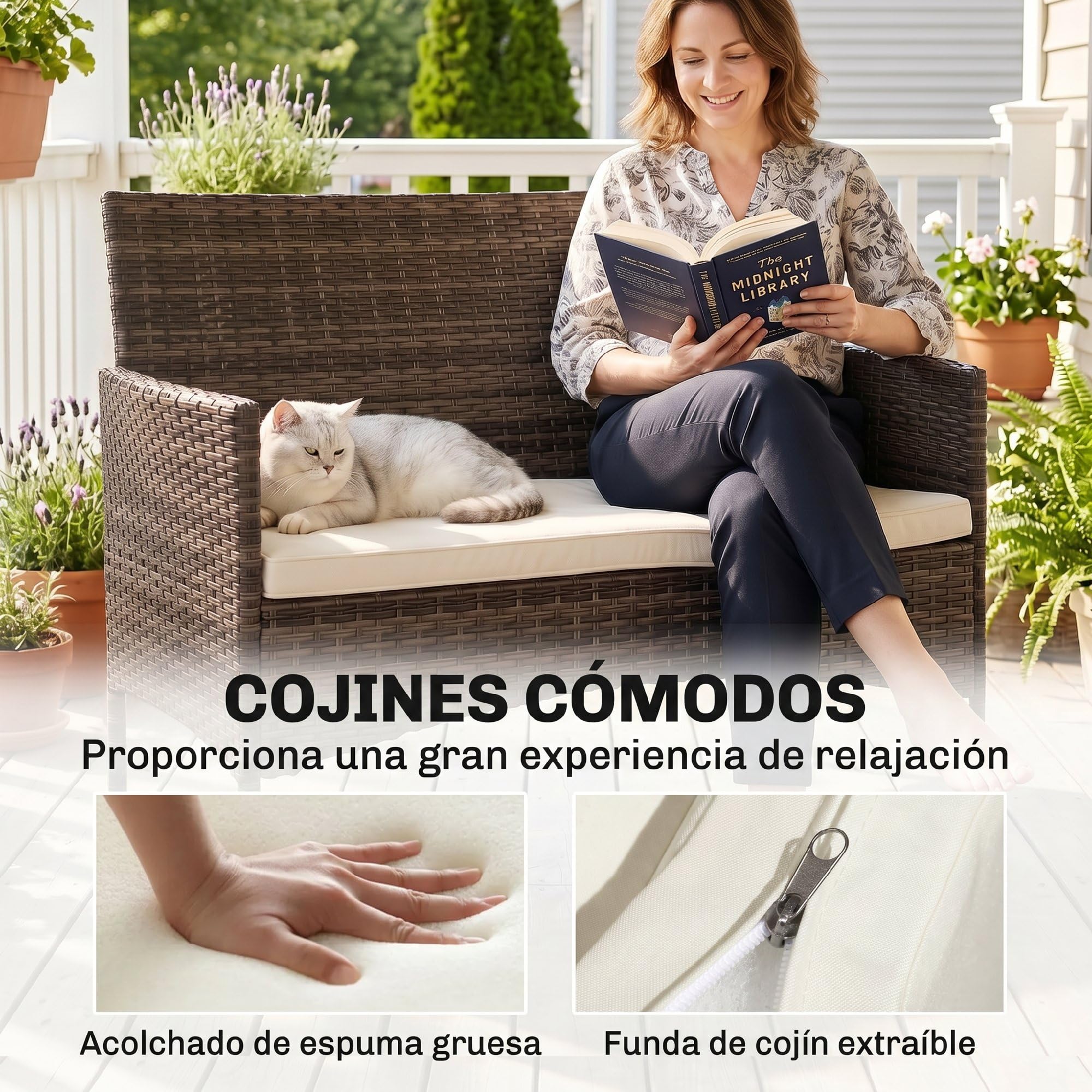 Outsunny Sofá Exterior de Ratán de 2 Plazas, Sofá de Jardín Exterior con Cojín Lavable, Estructura de Acero, para Balcón, Porche, Patio, Caqui