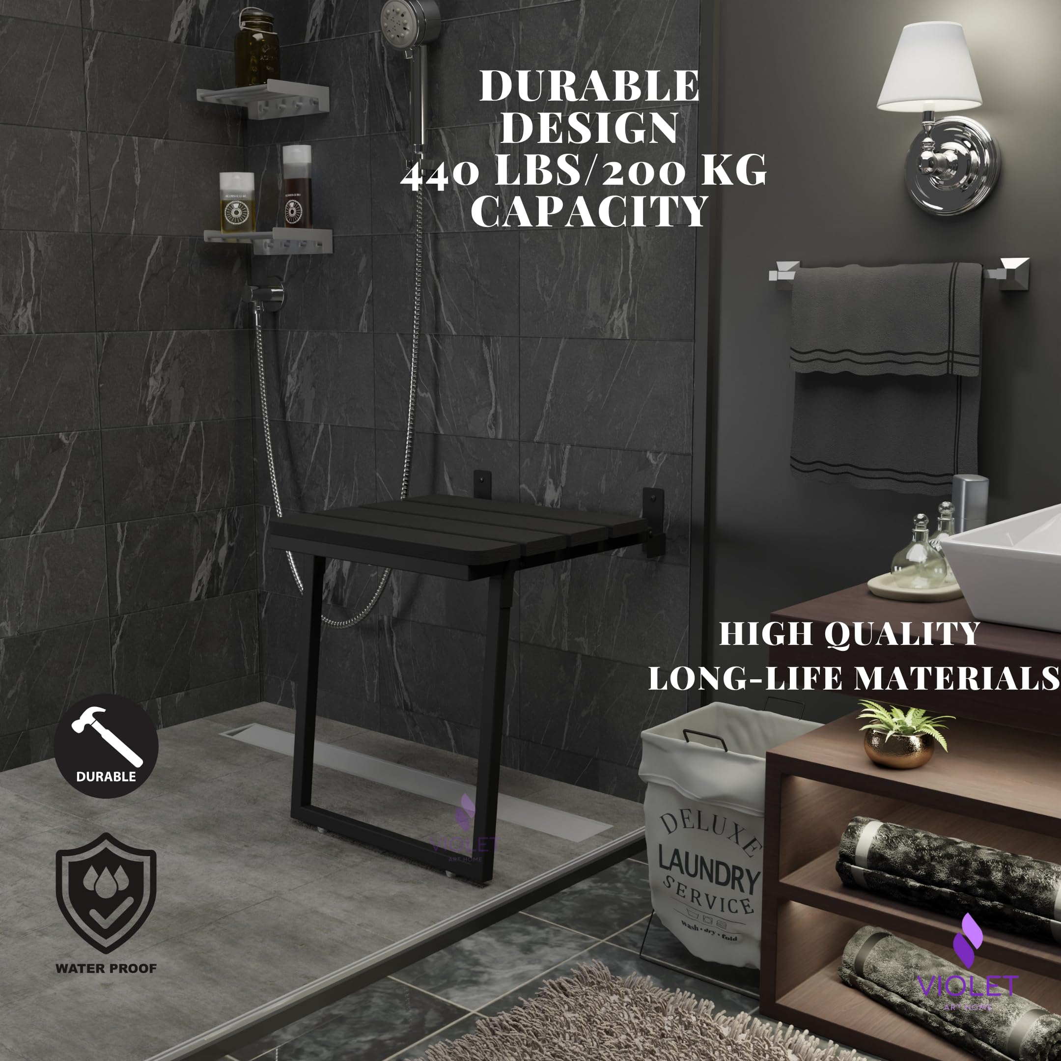 Asiento de ducha plegable de madera de teca con patas, banco de baño duradero compatible con ADA, taburete de baño resistente que ahorra espacio, silla compacta hecha a mano fácil de plegar (negro