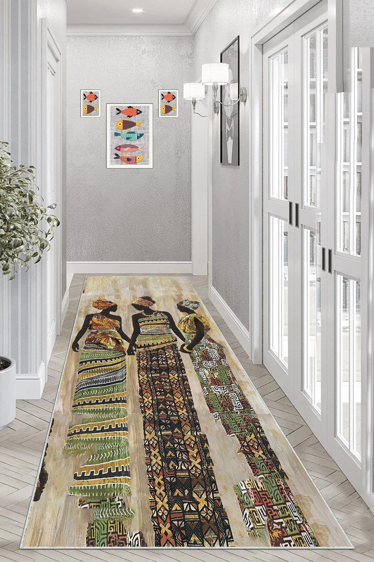 Pelangi Afrika Desenli Afrikalı Kadın Halı Dijital Baskı Yıkanabilir Modern Salon Halı ve Yolluk, Bej-Kahverengi 80 x 600, 9554542806007