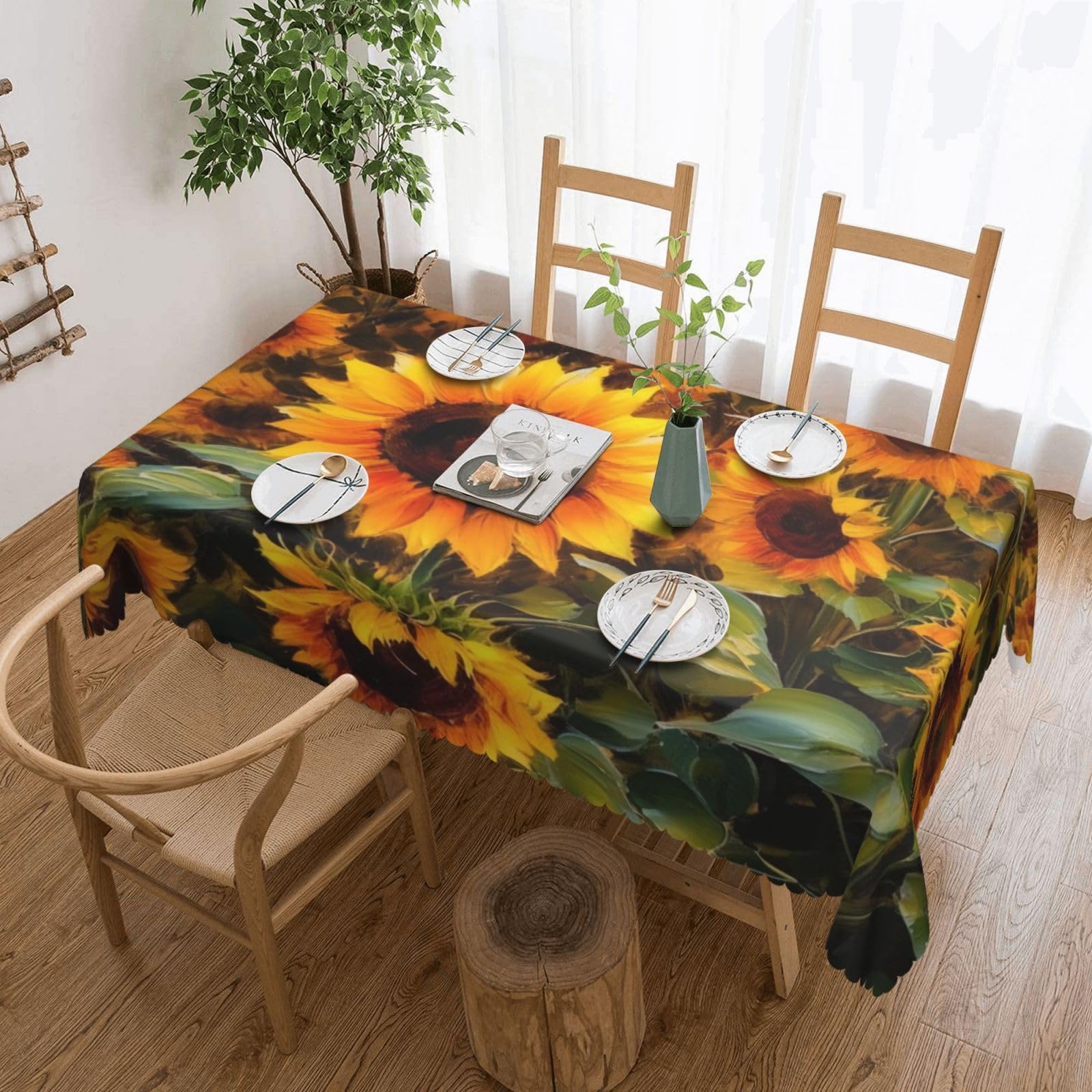 WPKJU Outdoor Sunflowers Printed Rectangle Tablecloth 72x54 Inch with Lace Trim, Water-Resistant Washable Table Cover for Farmhouse Weddings, Outdoor Picnics & Holiday Dining