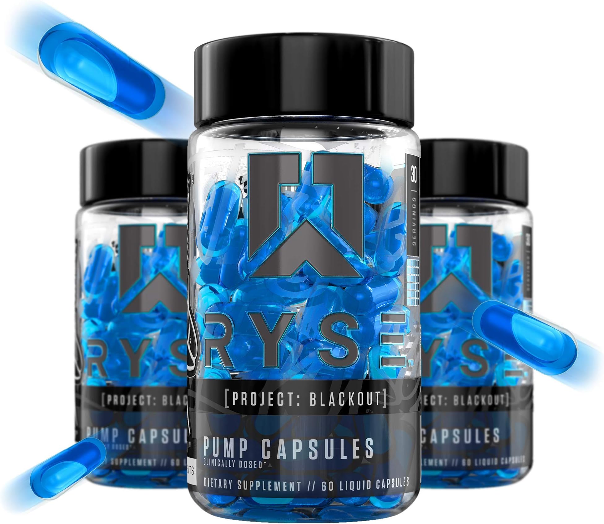 Ryse Project Blackout Pump Liquid Capsules - Pre Workout Nitric Oxide Booster Supplement for Men with Betaine Nitrates & Glycerol for Maximum Muscle Pumps and Blood Flow - 30 Servings (60 Count)