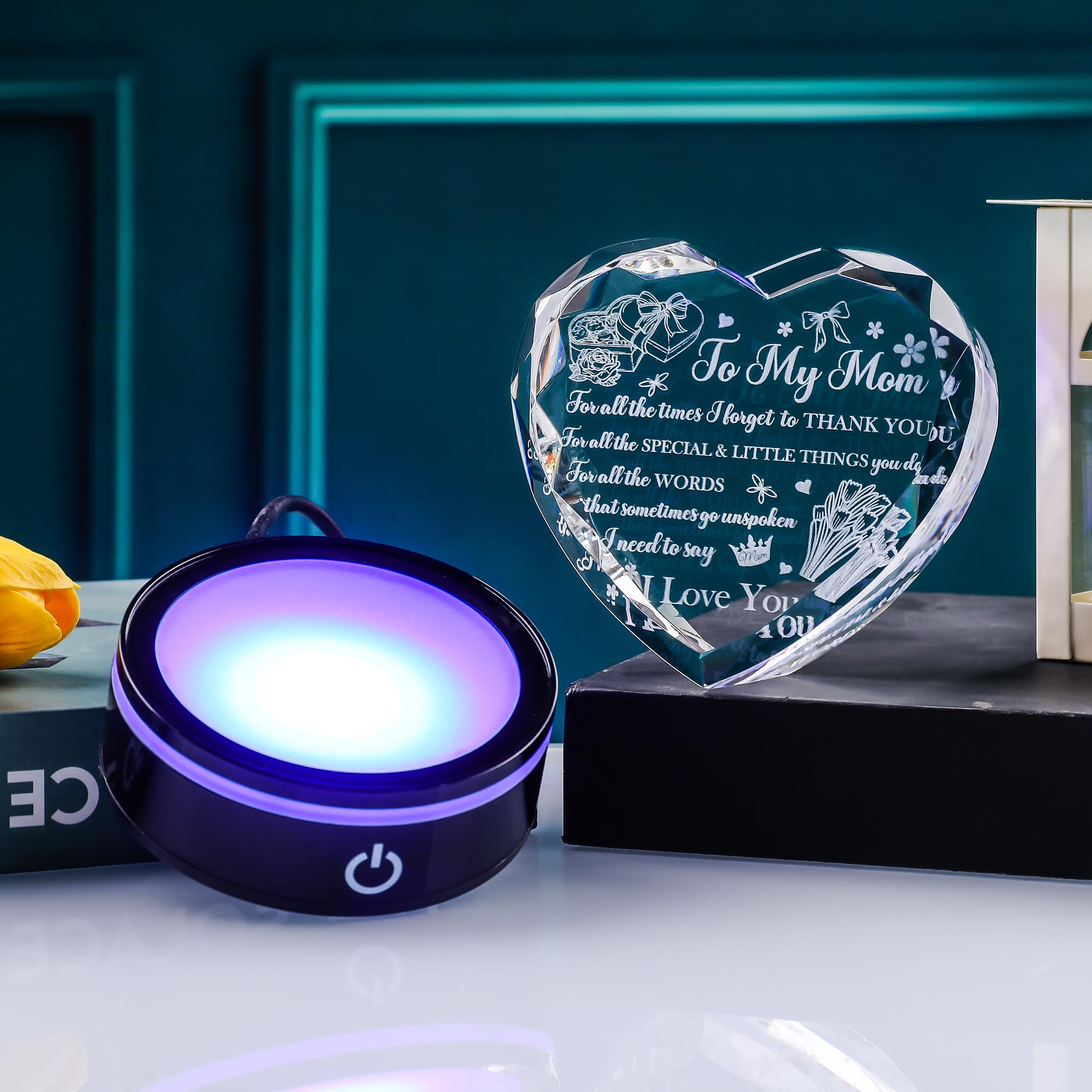 Regalo de corazón de cristal con base LED, mensaje grabado con láser «A Mother's Love is Forever», regalo significativo de cumpleaños, día de la madre de parte de su hija, hijo, recuerdo de