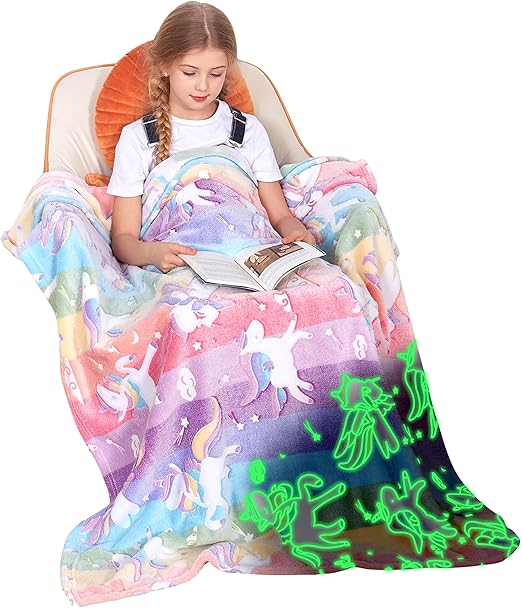 Catalonia Unicorn Blanket for Girls, Rainbow Glow in The Dark Throw Blanket for Girls Aged 4-10, Plush Fleece Couch Blanket, Kids Valentine's Day Gifts Birthday