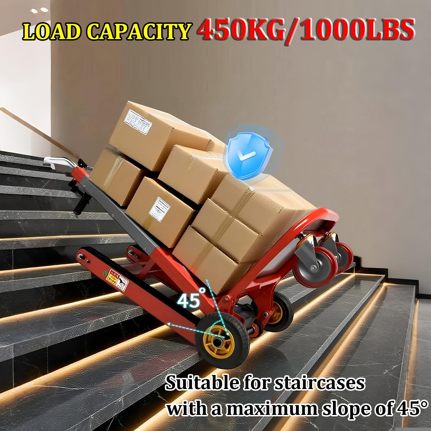 Carretilla Eléctrica para Escaleras 1000lbs/450kg Capacidad Motor 1500W Sin Escobillas Ideal Batería 48V/42A 6-8H Autonomía para Mudanzas Almacén Logística